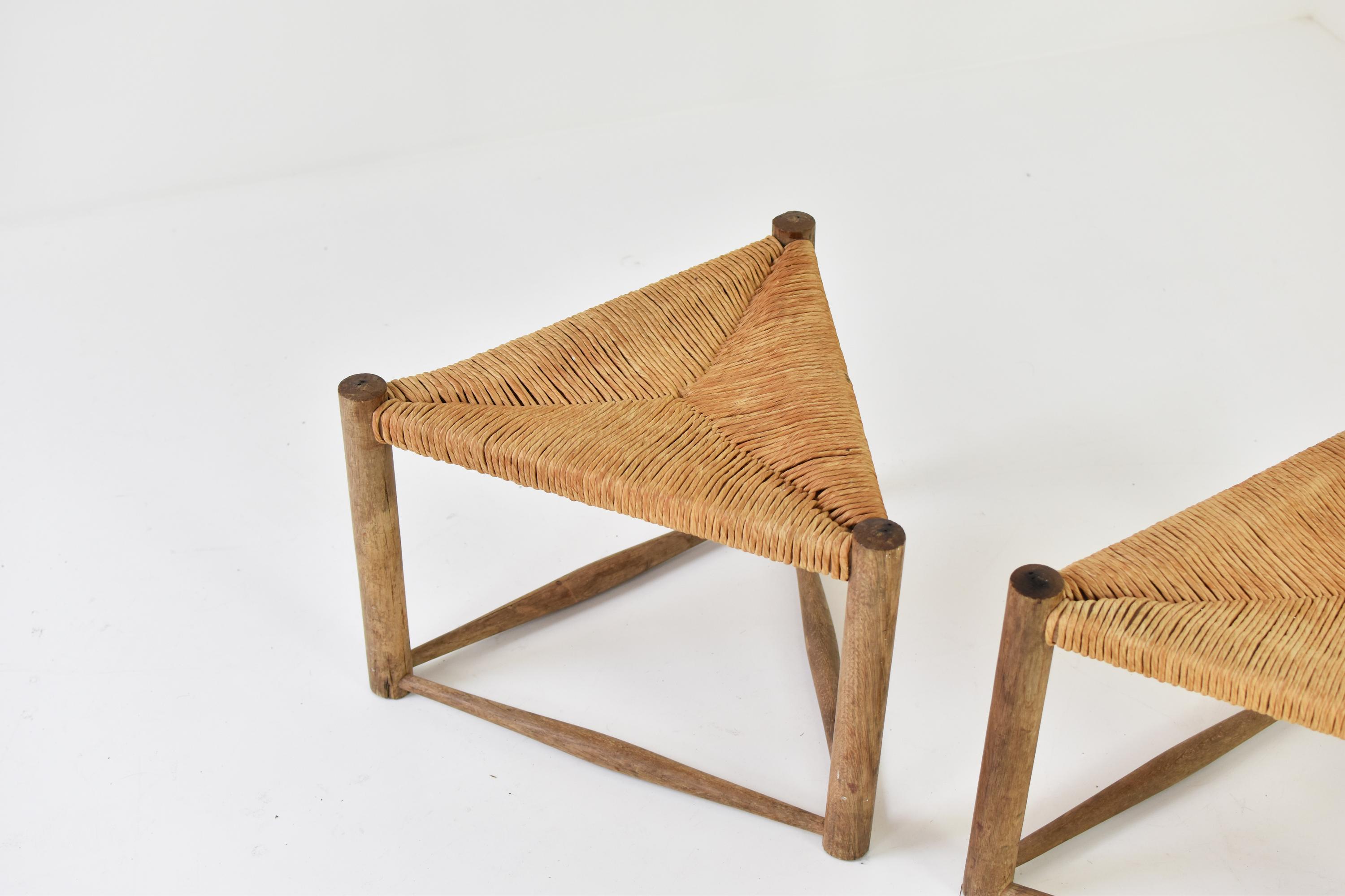 Papercord Set of Two Triangle Shaped Stools Attr. Charlotte Perriand, France, 1950s
