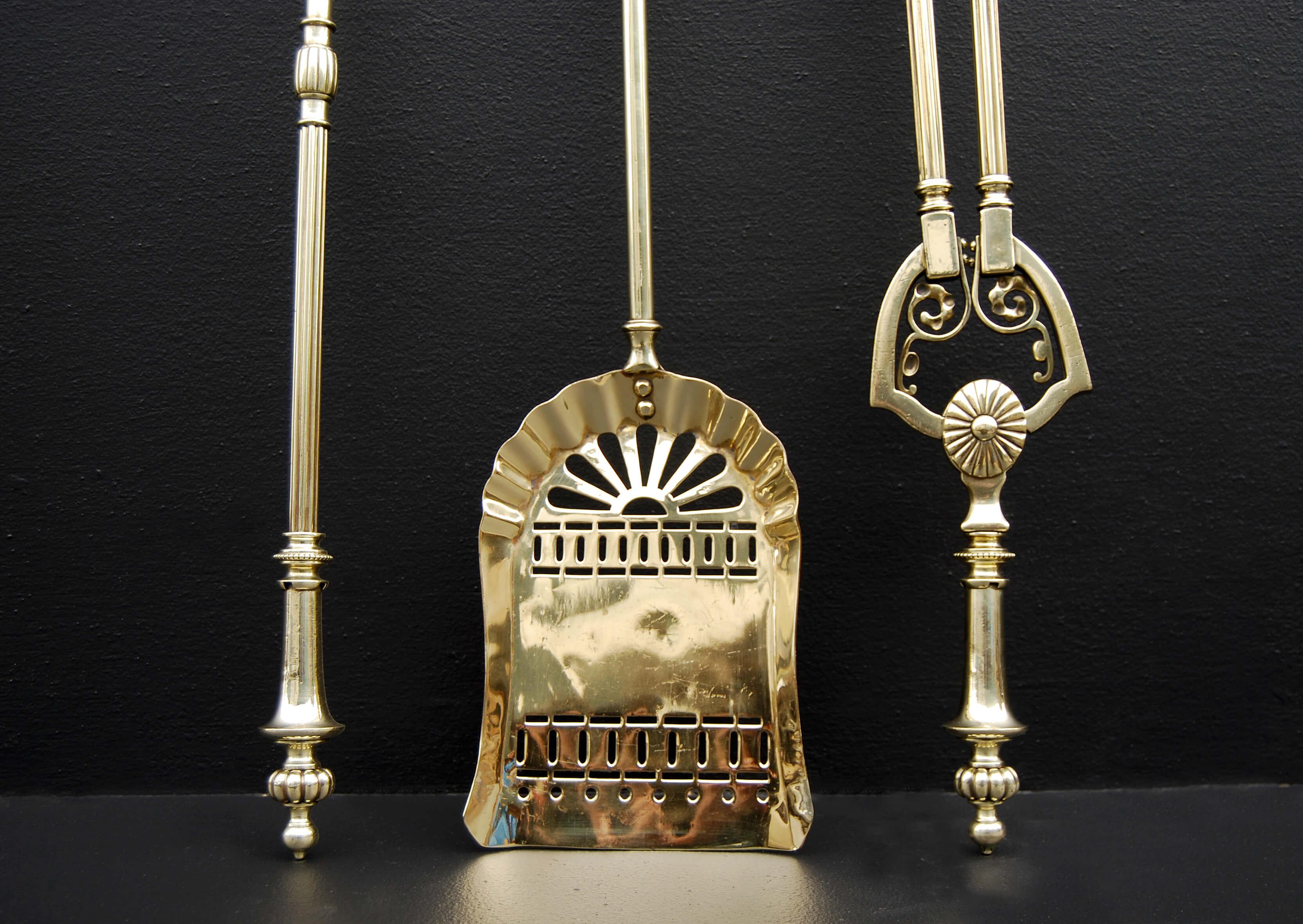 19th Century Set of Unusually Large English Brass Firetools For Sale