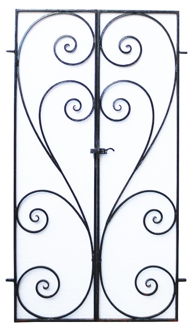 A pair of good quality wrought iron gates with flowing scroll design. Reclaimed from a property in Surrey.

Additional Dimensions:

Width 89 cm excluding hinges (for an opening of 103.5 cm including hinges).