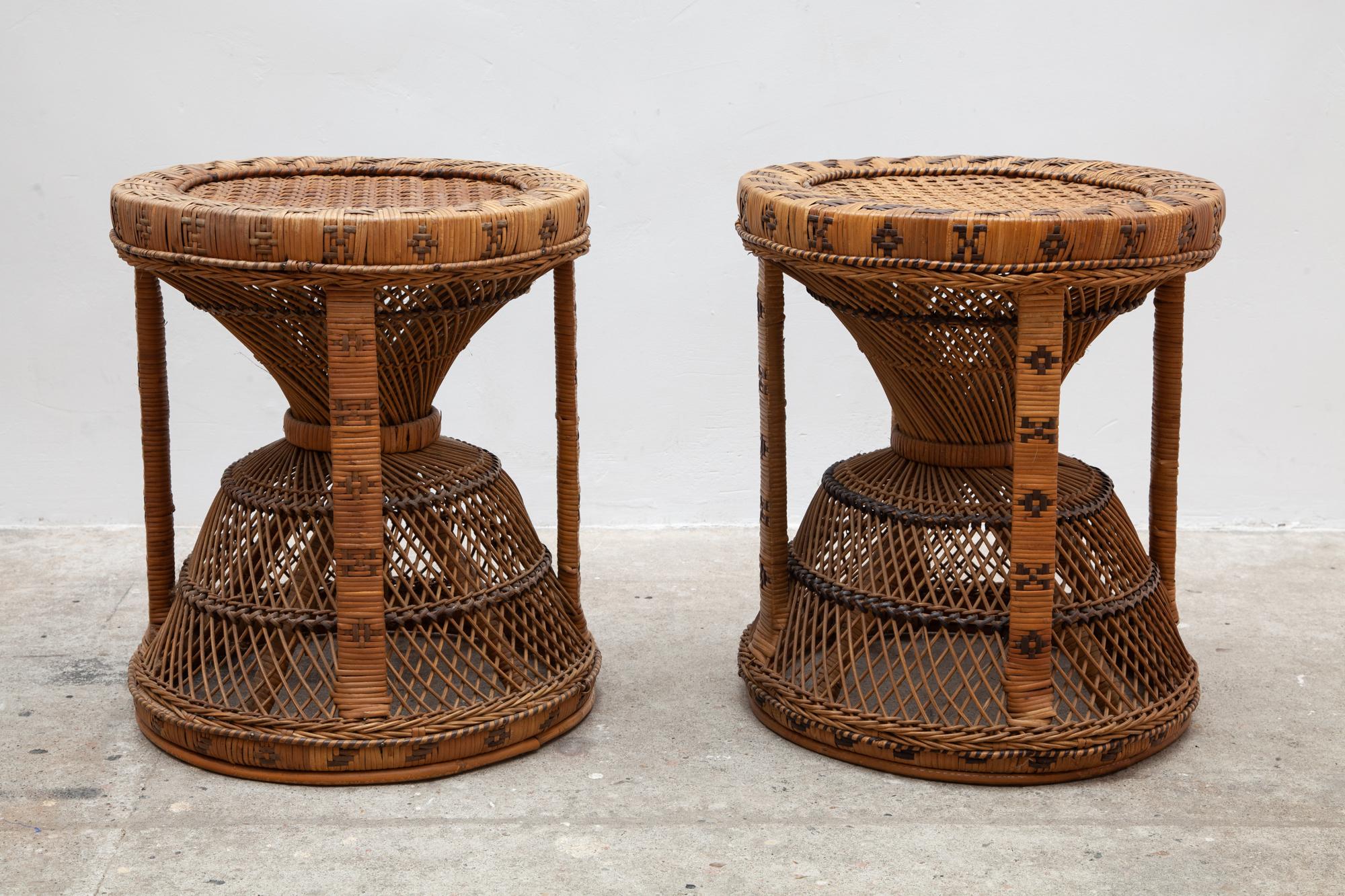 The set of two wicker bamboo stools are extremely rare and are perfectly matching with the Emanuelle chair. The Emanuelle chair became iconic since it was an eye-catcher in the famous ‘Emanuelle’ film. The stools are rare to find and both pieces are