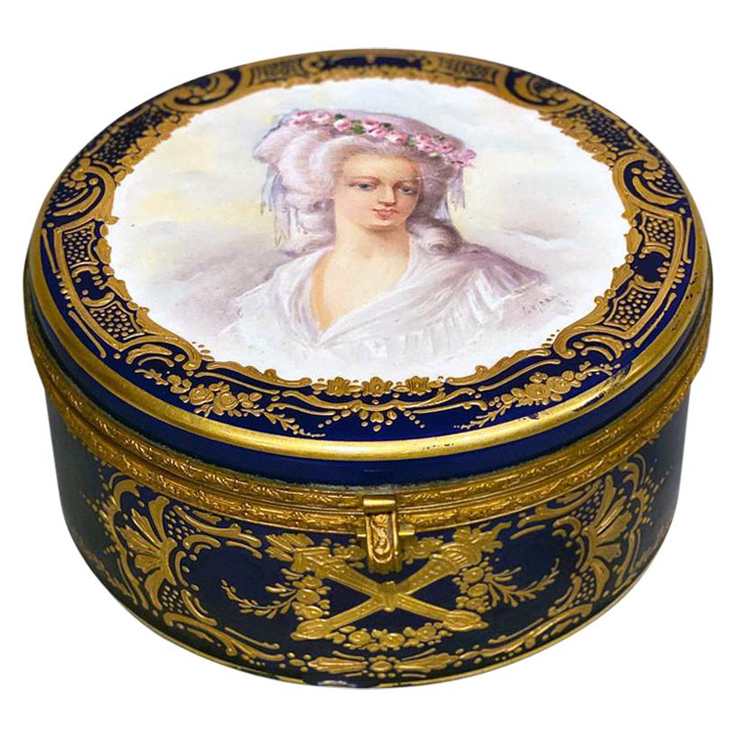 Sèvres Style Blue Ground Gilt Metal Mounted Circular Box and Cover For Sale