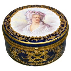 Sèvres Style Blue Ground Gilt Metal Mounted Circular Box and Cover
