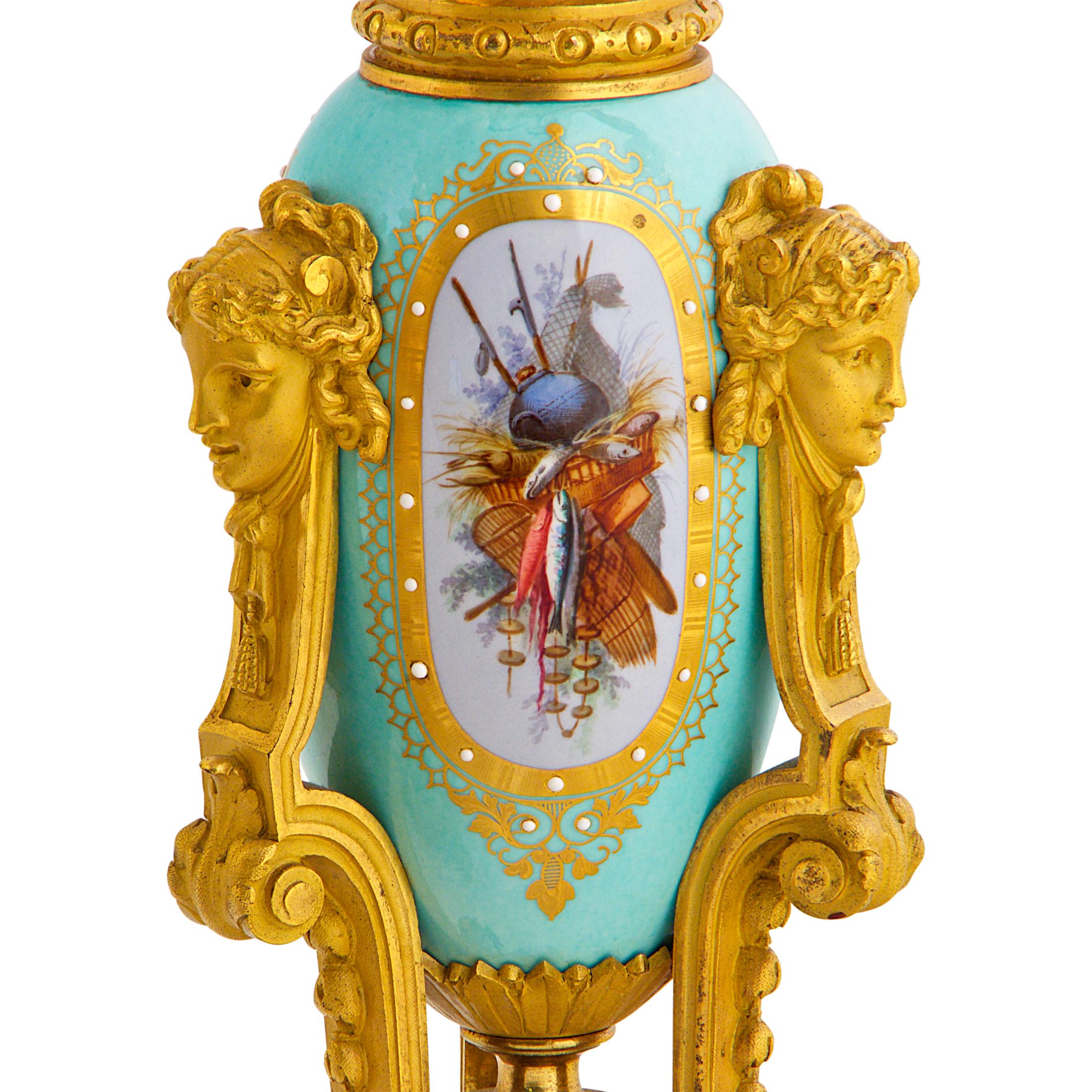 Sèvres-Style Gilt Bronze and Jeweled Porcelain Clock Set For Sale 6