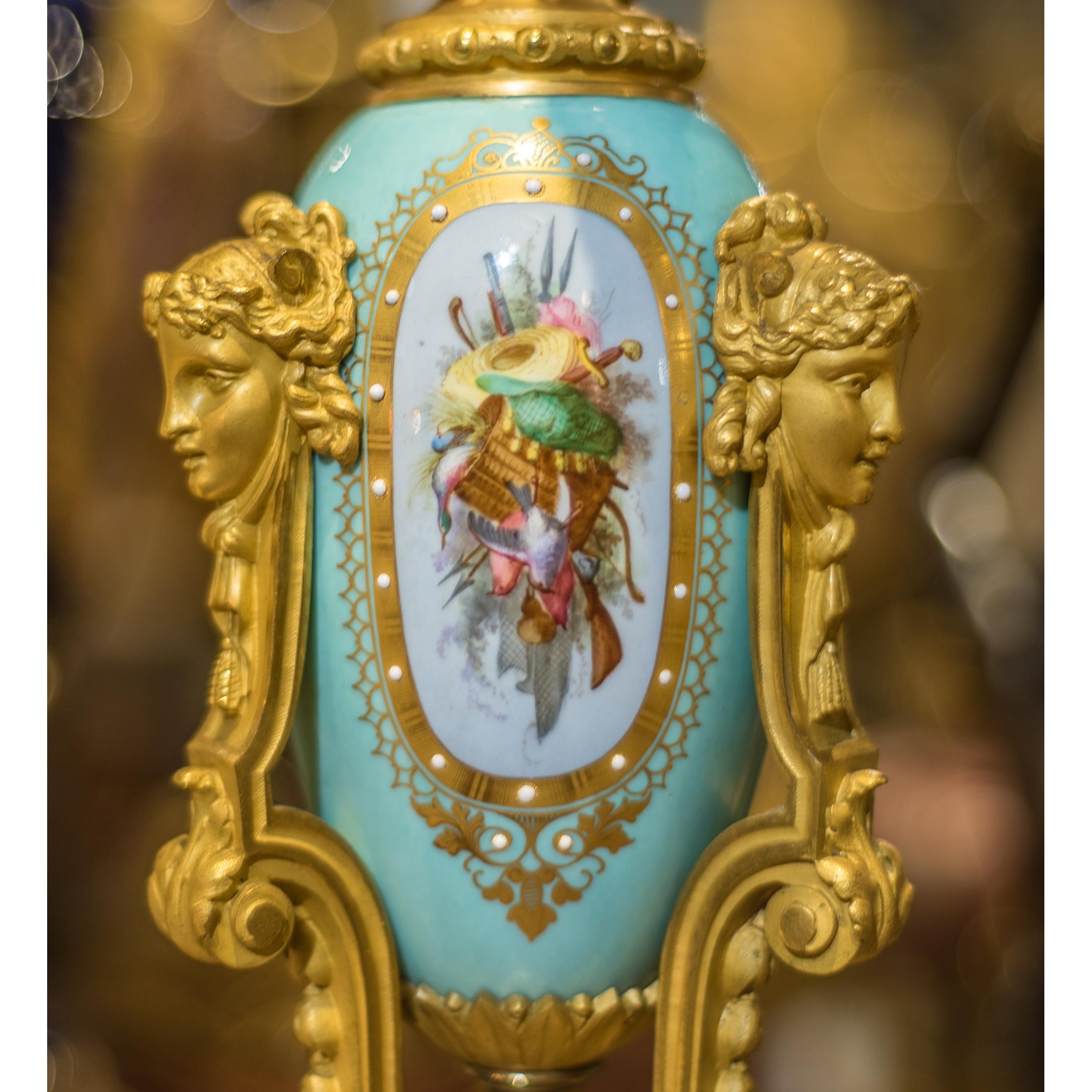 French Sèvres-Style Gilt Bronze and Jeweled Porcelain Clock Set For Sale
