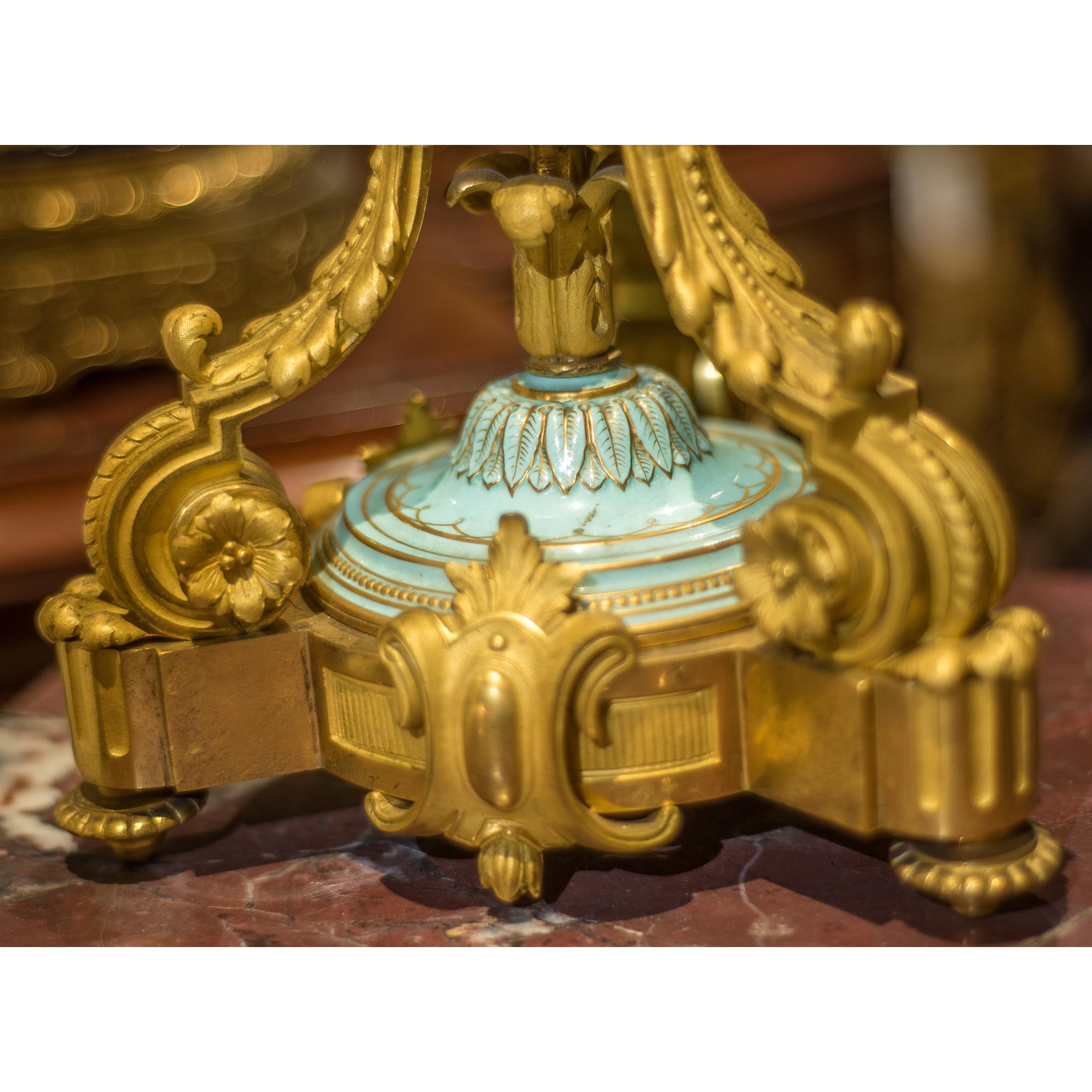 Sèvres-Style Gilt Bronze and Jeweled Porcelain Clock Set In Good Condition For Sale In New York, NY