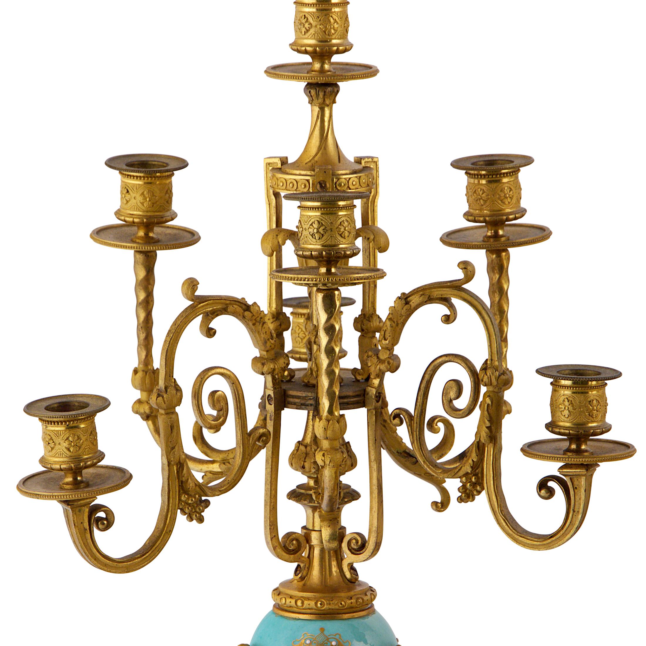 Sèvres-Style Gilt Bronze and Jeweled Porcelain Clock Set For Sale 4
