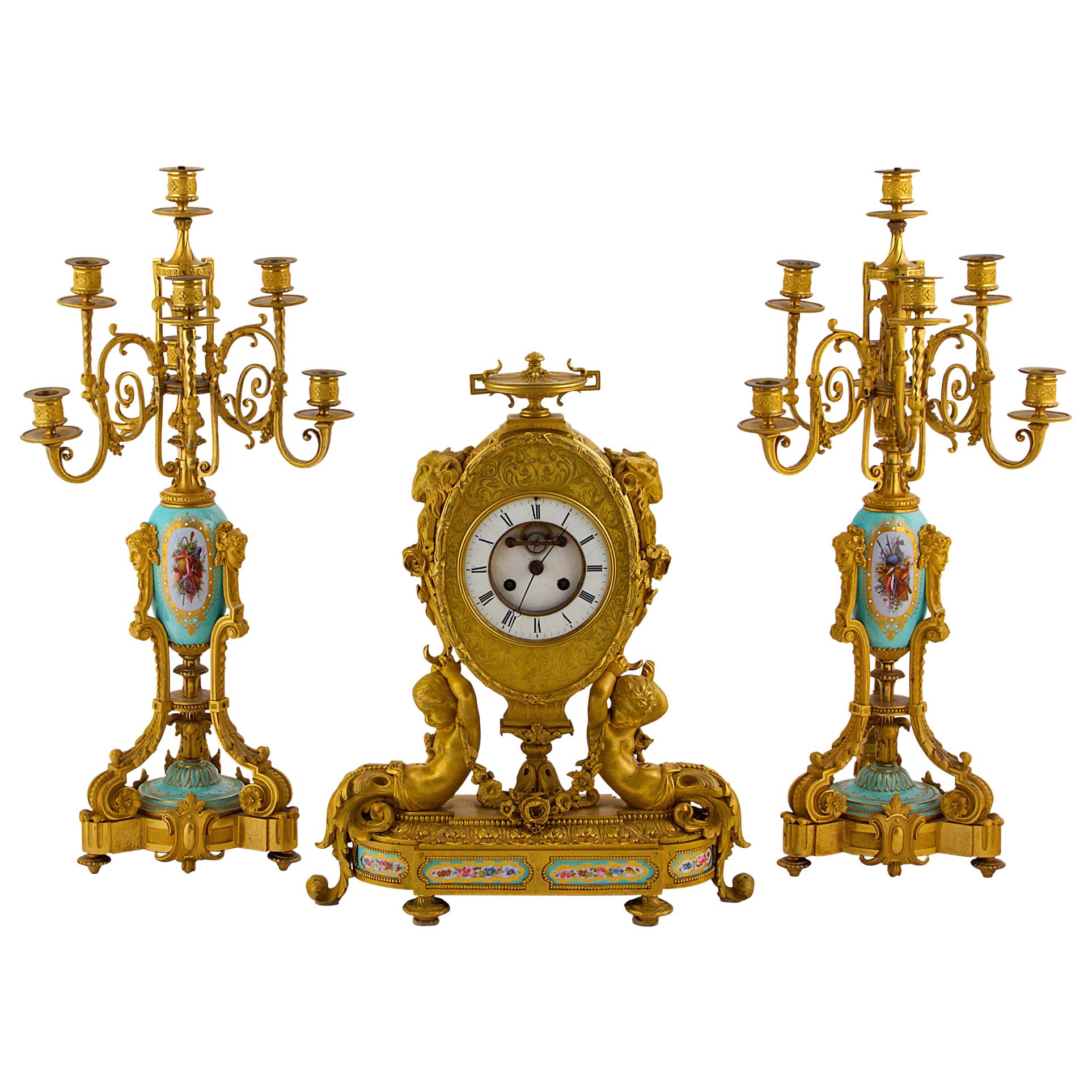 Sèvres-Style Gilt Bronze and Jeweled Porcelain Clock Set