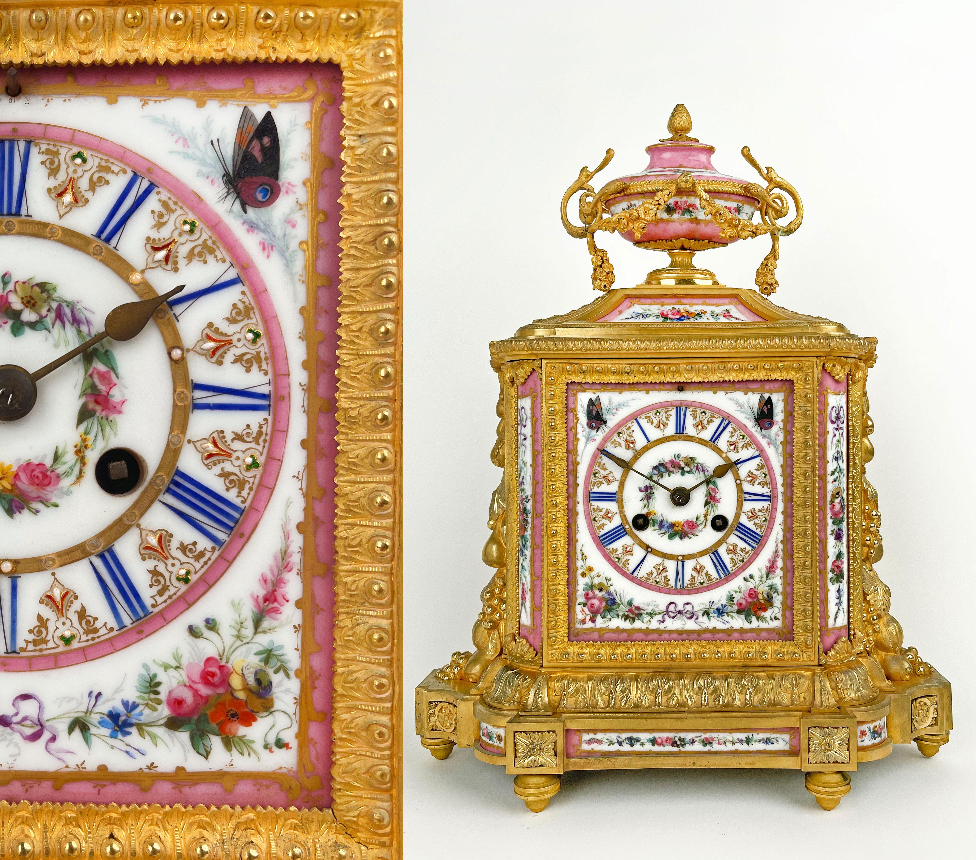 19th Century French ormolu-mounted pink ground porcelain clock. 

Measures: H: 15