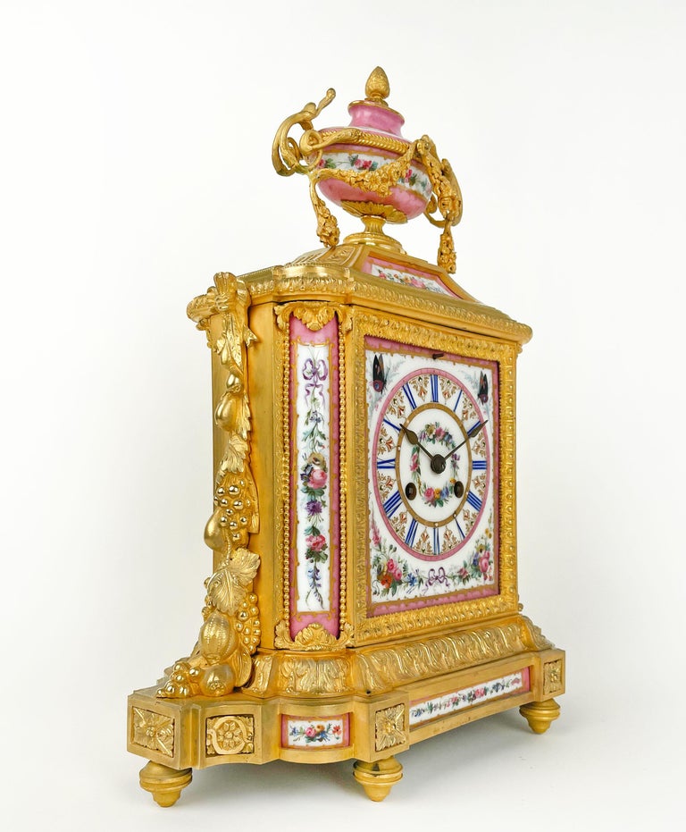 Cast Sevres Style Gilt Bronze & Pink Porcelain Mantel Clock, France, circa 1880 For Sale