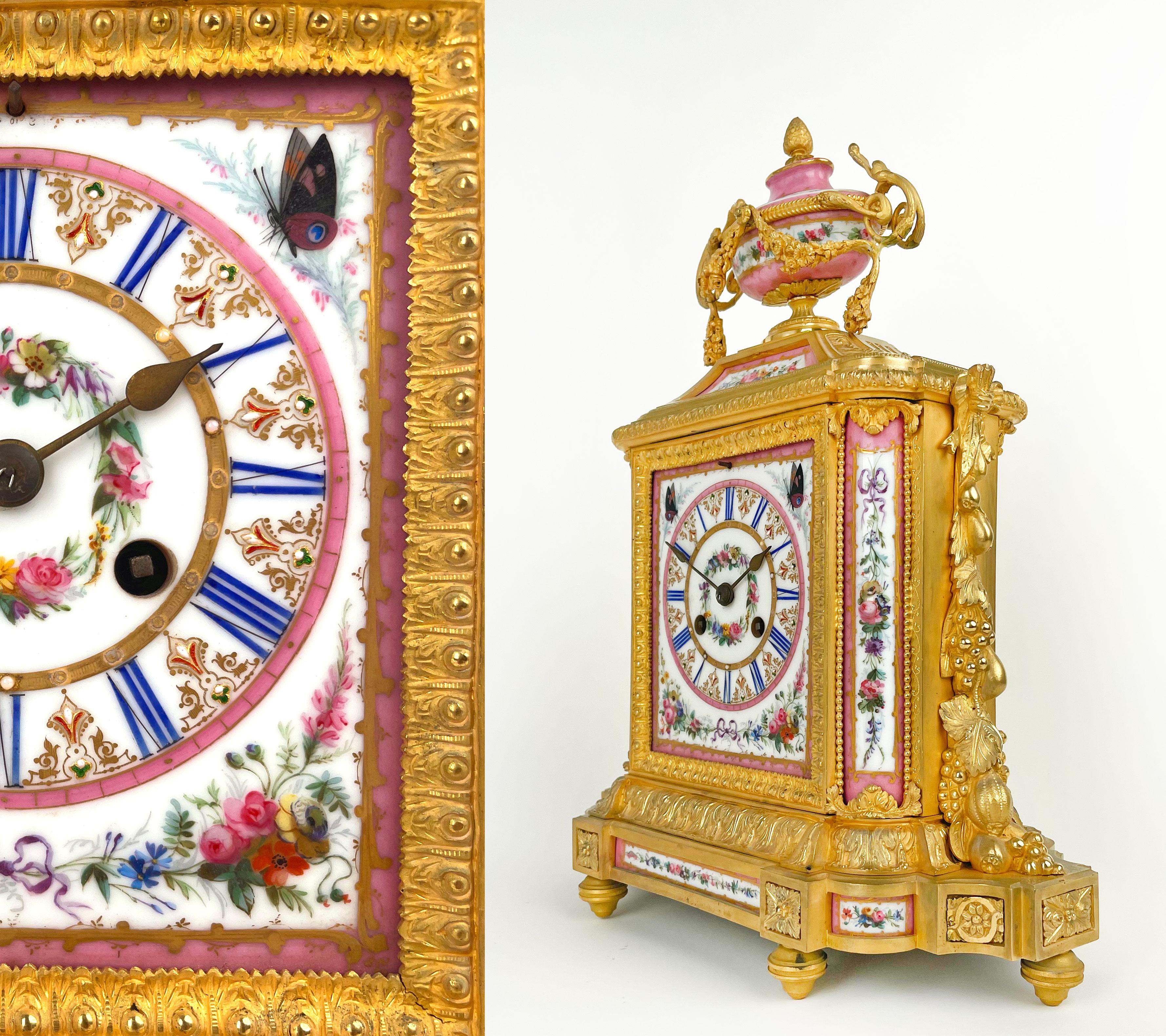 Sevres Style Gilt Bronze & Pink Porcelain Mantel Clock, France, circa 1880 In Good Condition For Sale In Pasadena, CA