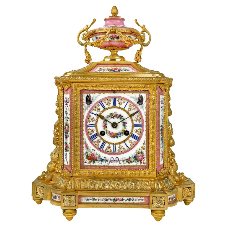 Sevres Style Gilt Bronze & Pink Porcelain Mantel Clock, France, circa 1880 For Sale