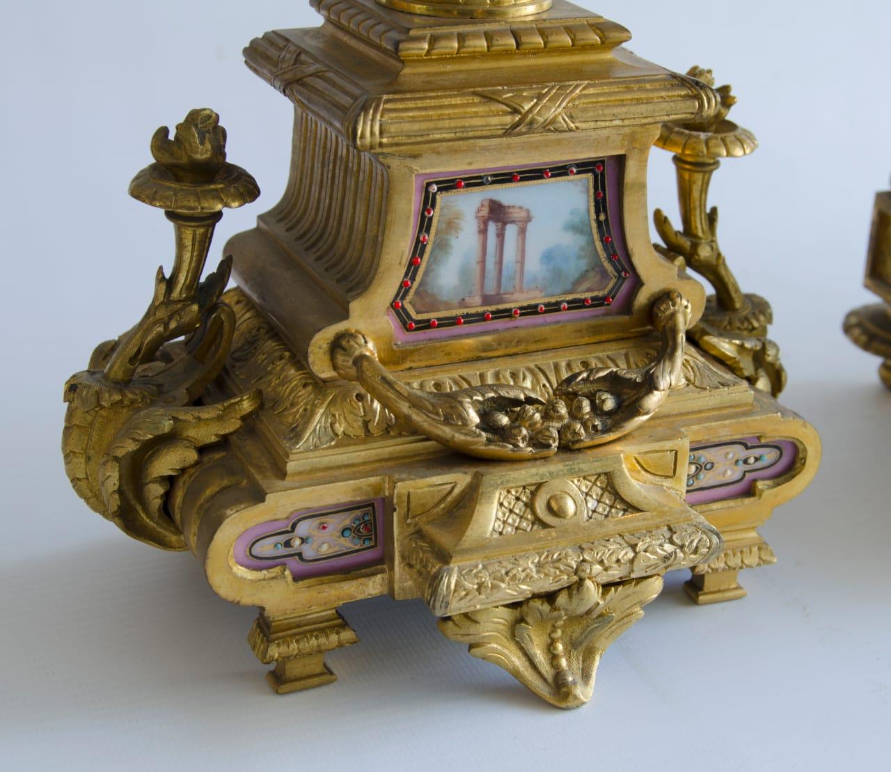 19th Century Sevres Style Ormolu Mounted Jewelwd Procelain Rose Pomedur Clock Garniture 19 For Sale