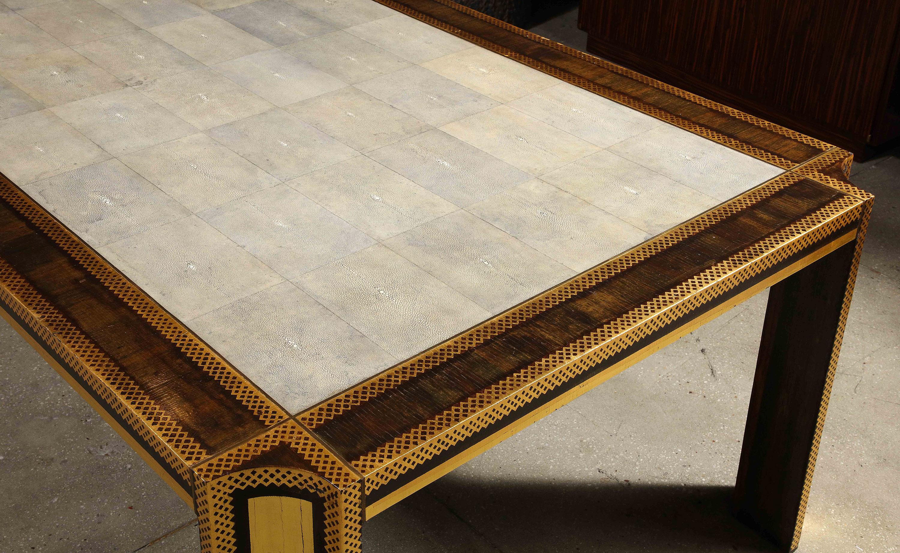 Brass Shagreen and Gilt Stenciled Dining Table by Karl Springer For Sale