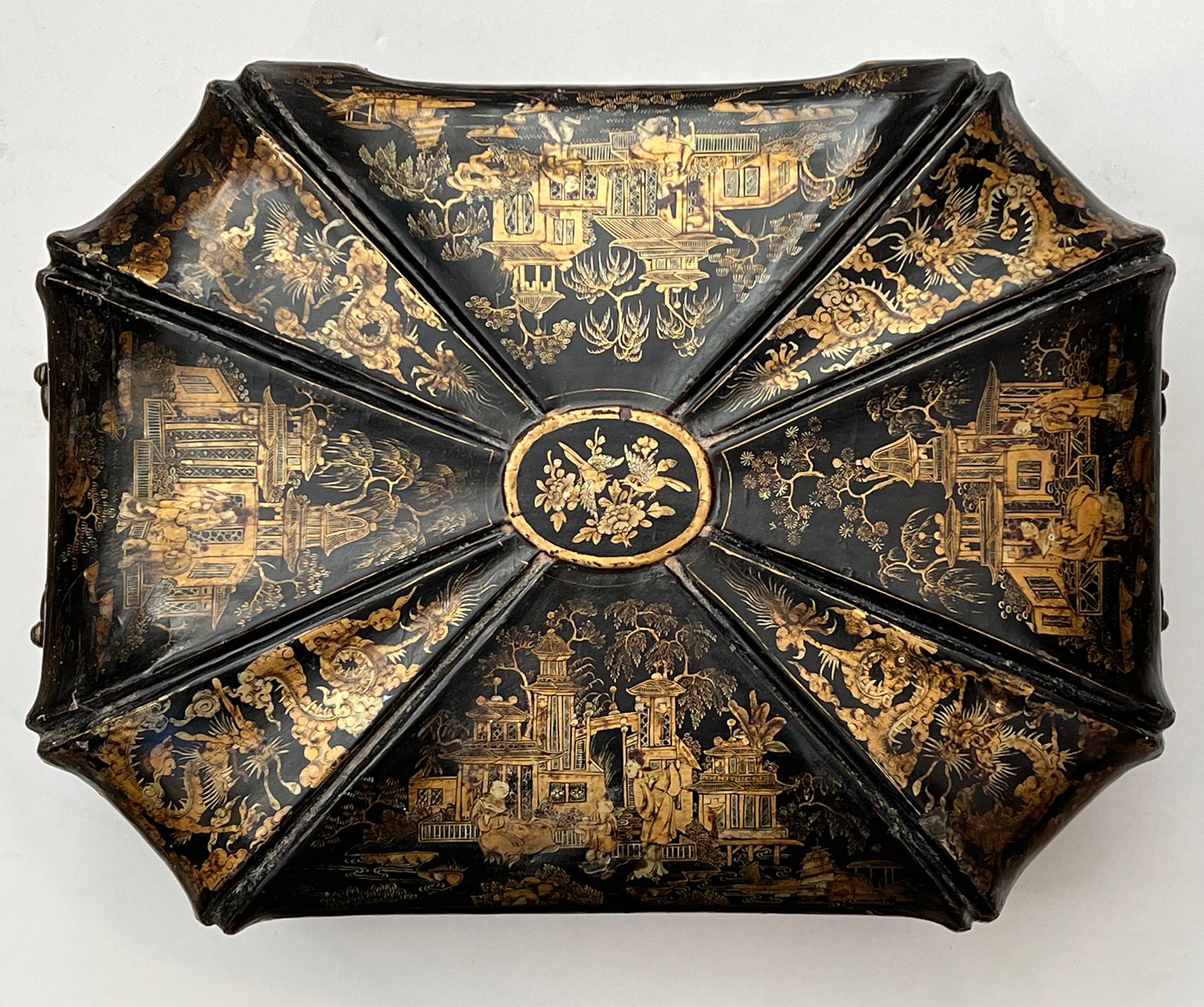 Shapely Chinesischer Export-Schmuckkästchen des 19. Jahrhunderts, schwarz lackiert (Holz) im Angebot