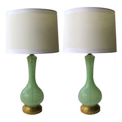 A Shapely Pair of Italian Mid-Century Celadon-Green Bottle-Form Glass Lamps