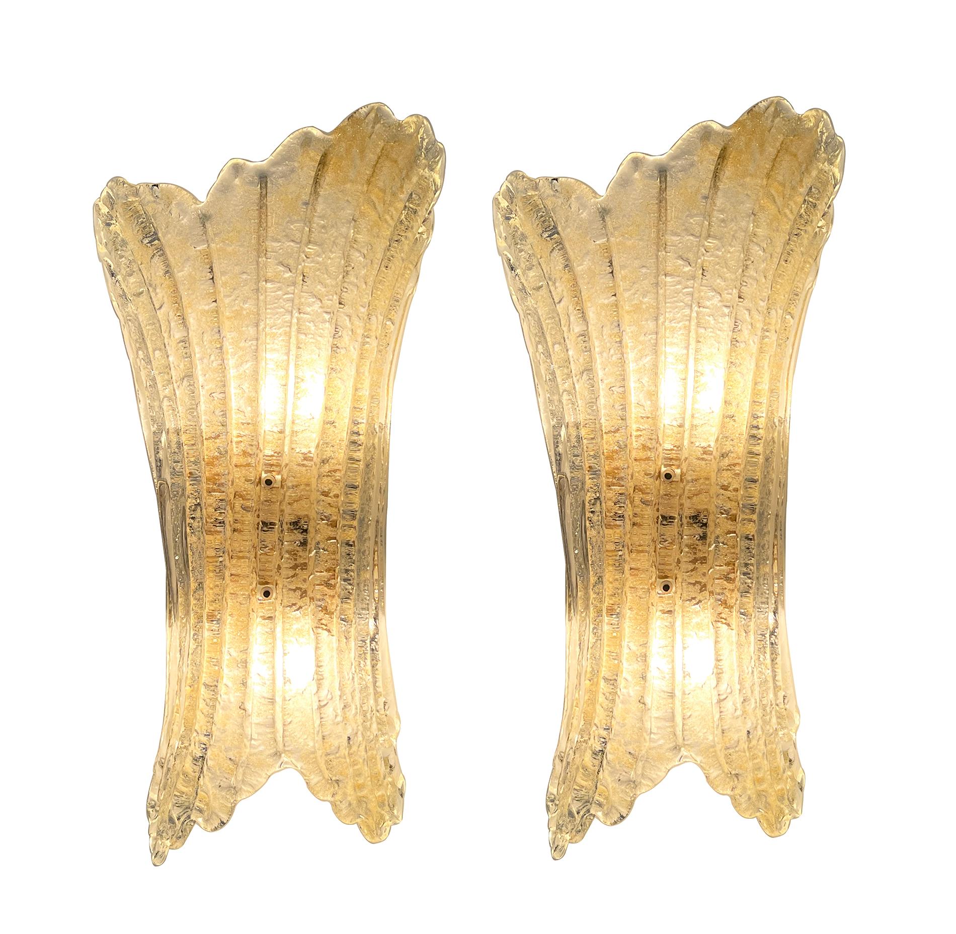 Hollywood Regency A Shapely Pair of Vintage Murano Glass 2-light Sconces  For Sale