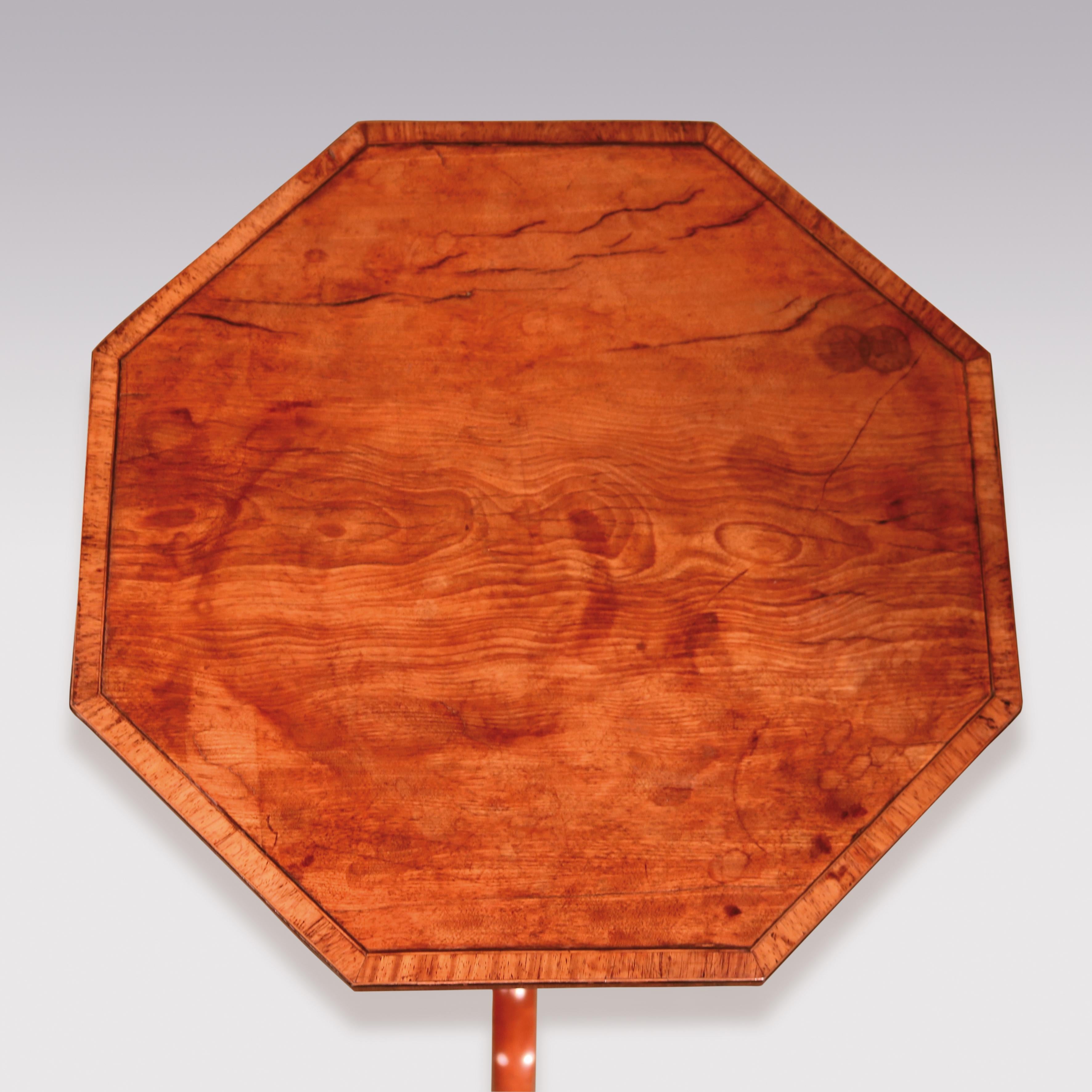 An attractive late 18th century Sheraton period Satinwood occasional Table having ebony strung and tulipwood crossbanded octagonal top, raised on vase turned stem ending on well-shaped tripod legs.