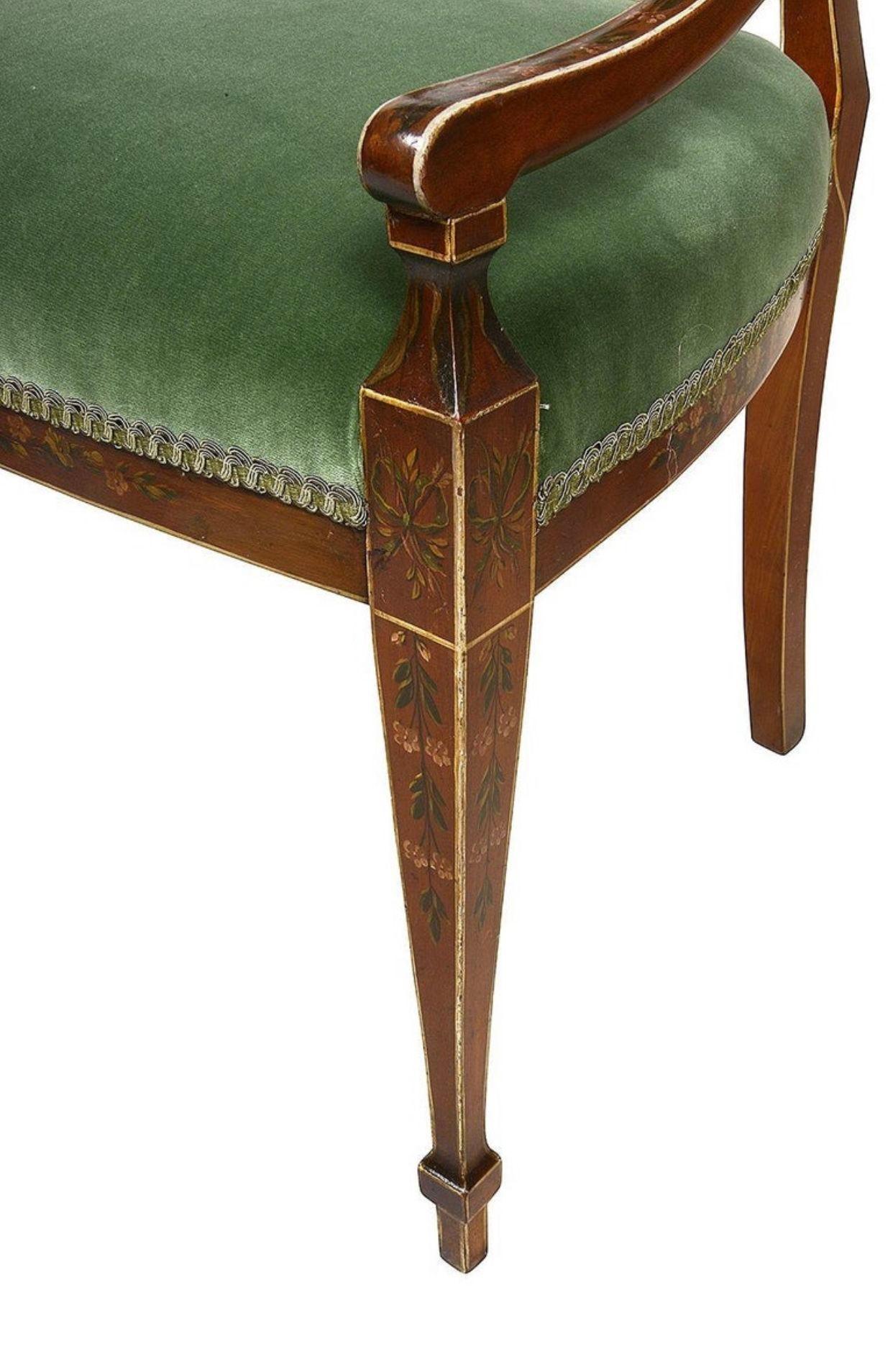 English A Sheraton revival Satinwood, hand painted arm chair, circa 1900 For Sale