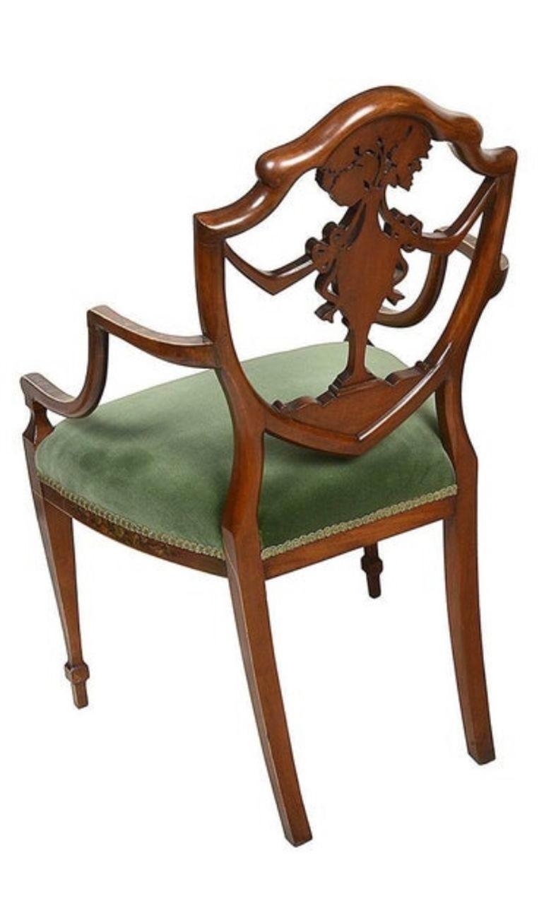 A Sheraton revival Satinwood, hand painted arm chair, circa 1900 In Good Condition For Sale In Brighton, Sussex