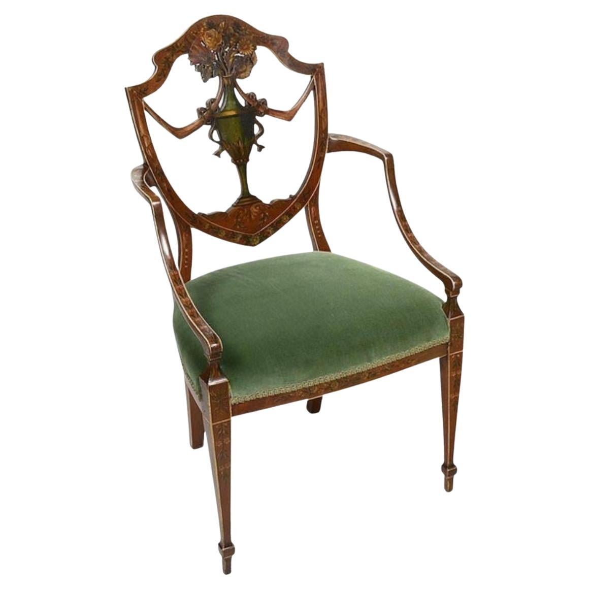 A Sheraton revival Satinwood, hand painted arm chair, circa 1900 For Sale