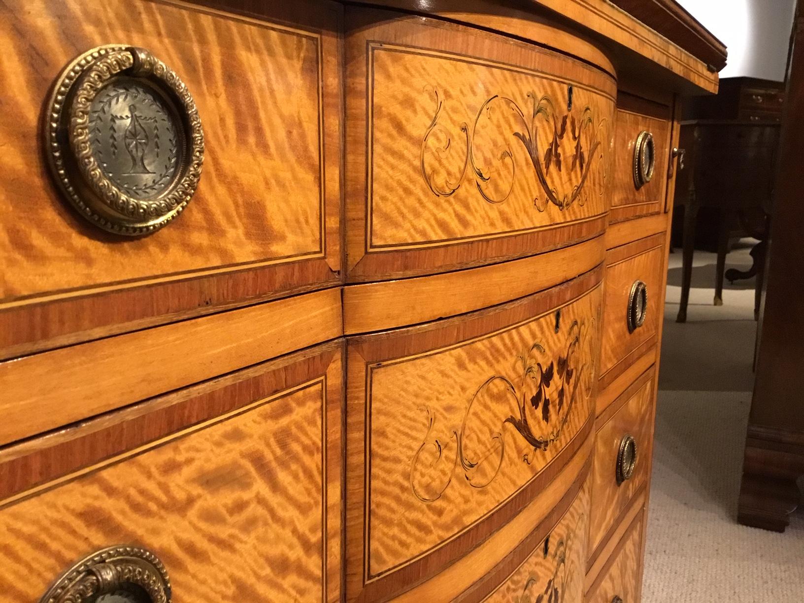 Sheraton Revival Satinwood Marquetry Inlaid Antique Bureau Bookcase For Sale 6