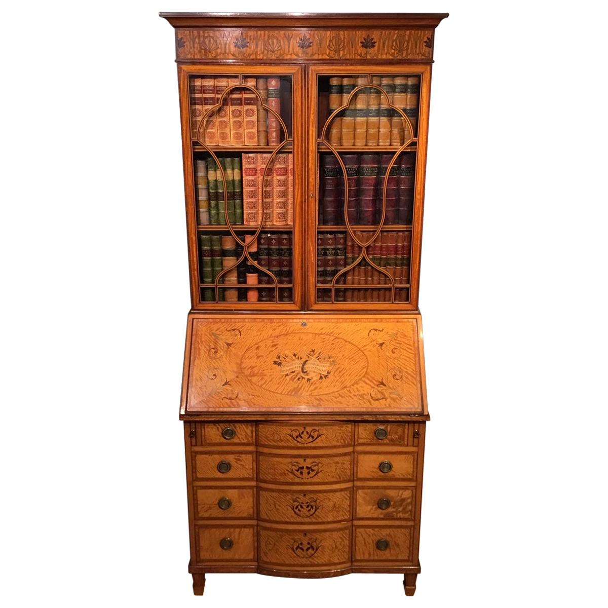 Sheraton Revival Satinwood Marquetry Inlaid Antique Bureau Bookcase For Sale