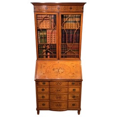 Sheraton Revival Satinwood Marquetry Inlaid Antique Bureau Bookcase