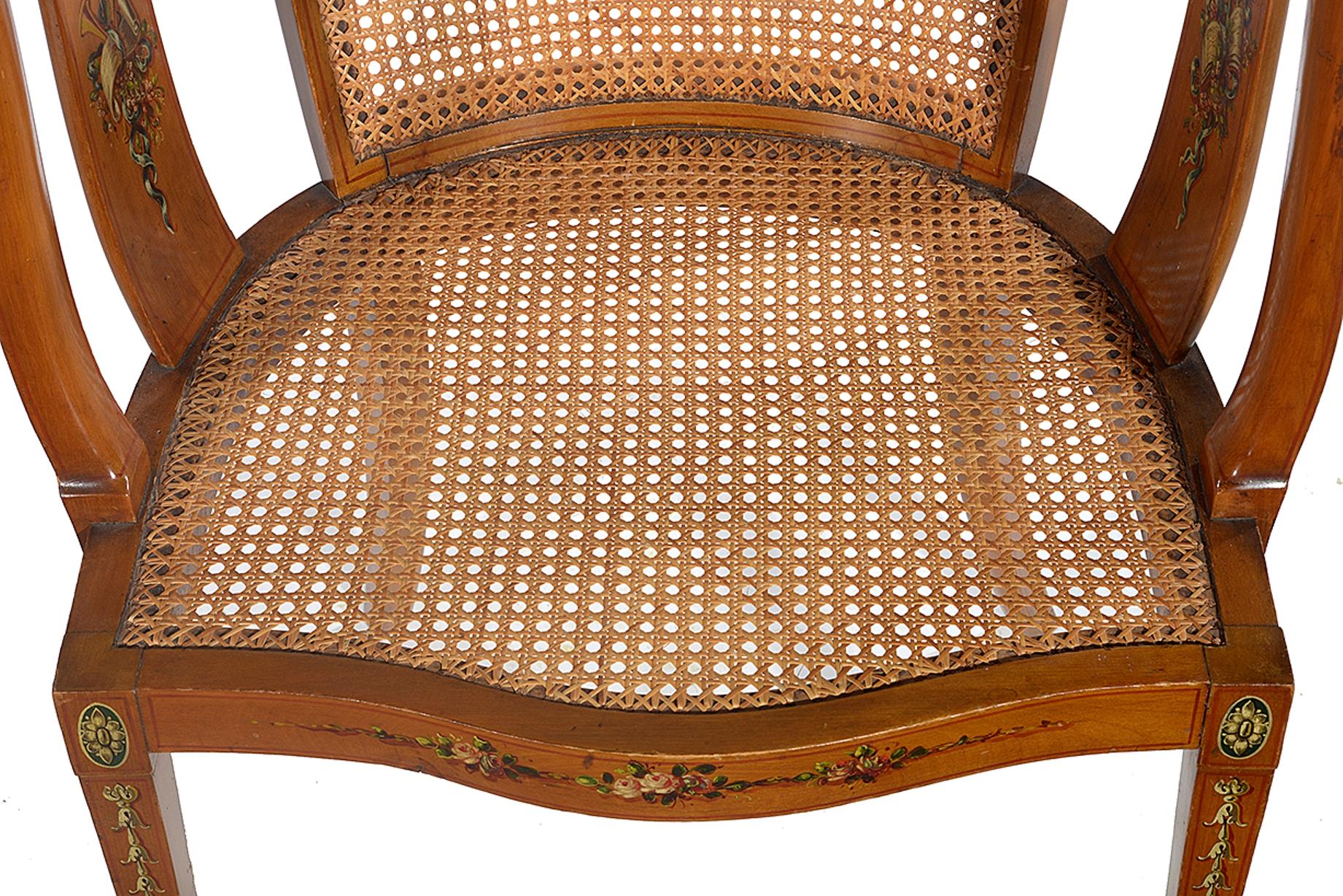 Cane Sheraton Style Satinwood Chair with Painted Decoration For Sale