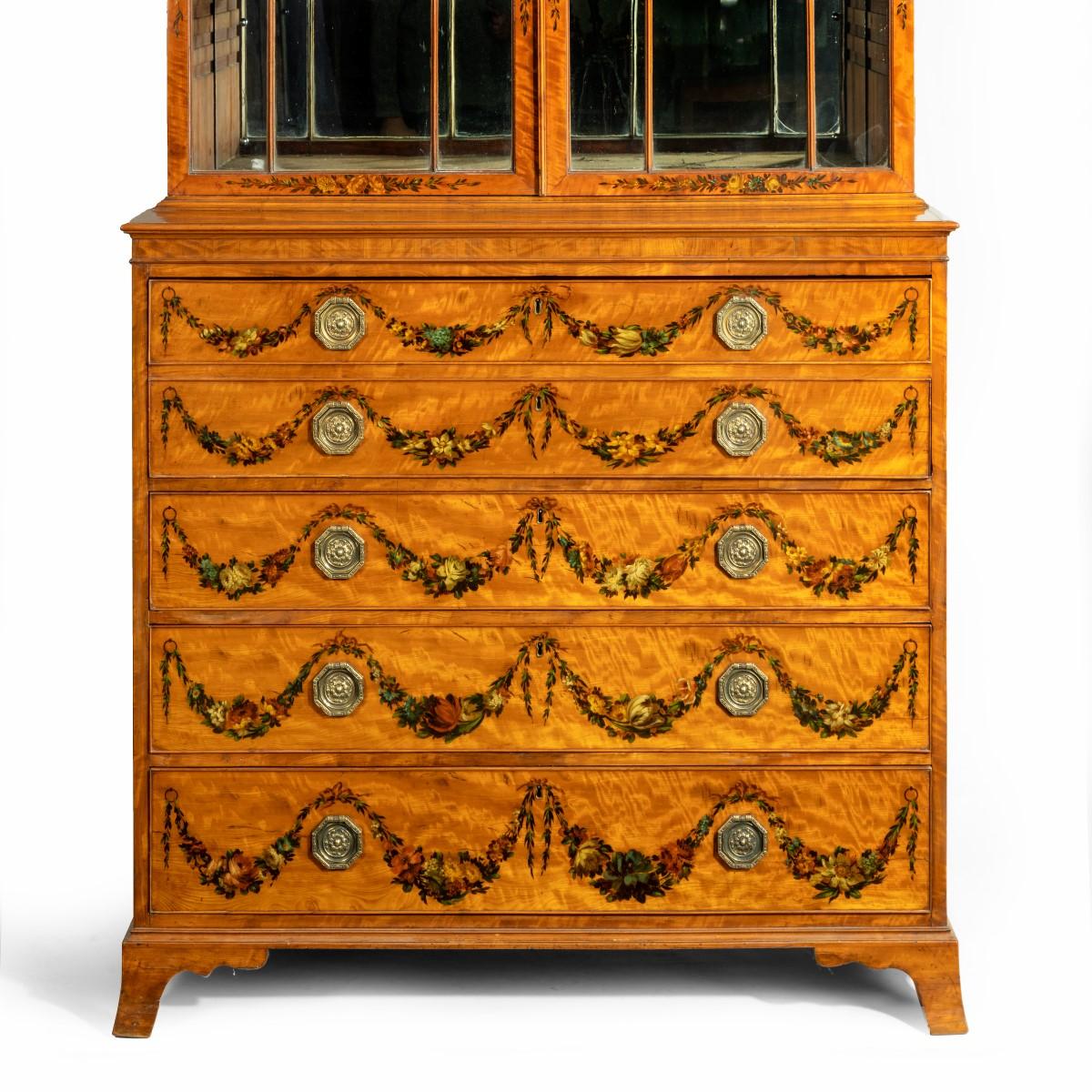 A Sheraton period West Indian satinwood secretaire bookcase For Sale 1