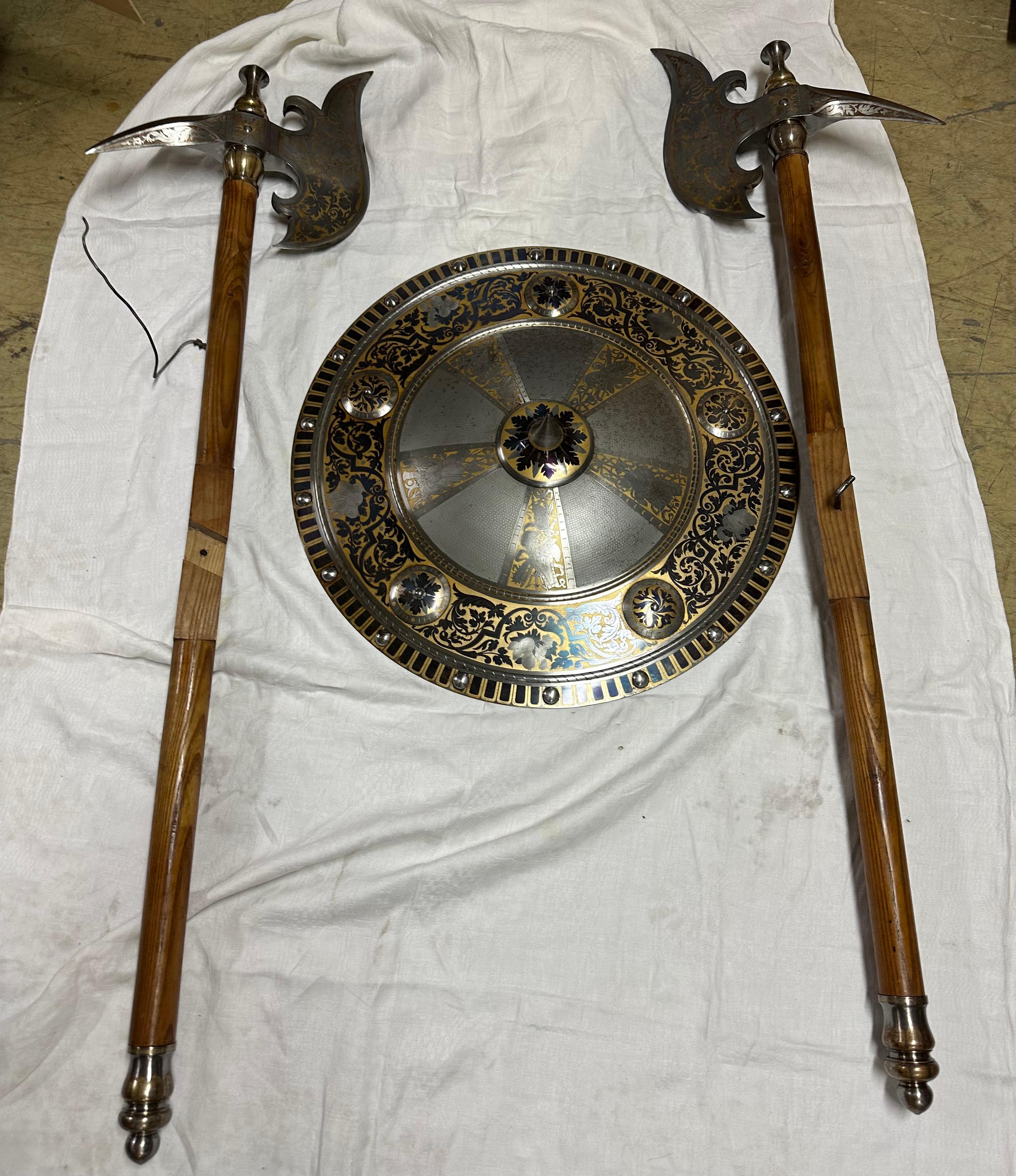19th Century Shield and Pair of Axes, Gilt Steel, Late 19th C
