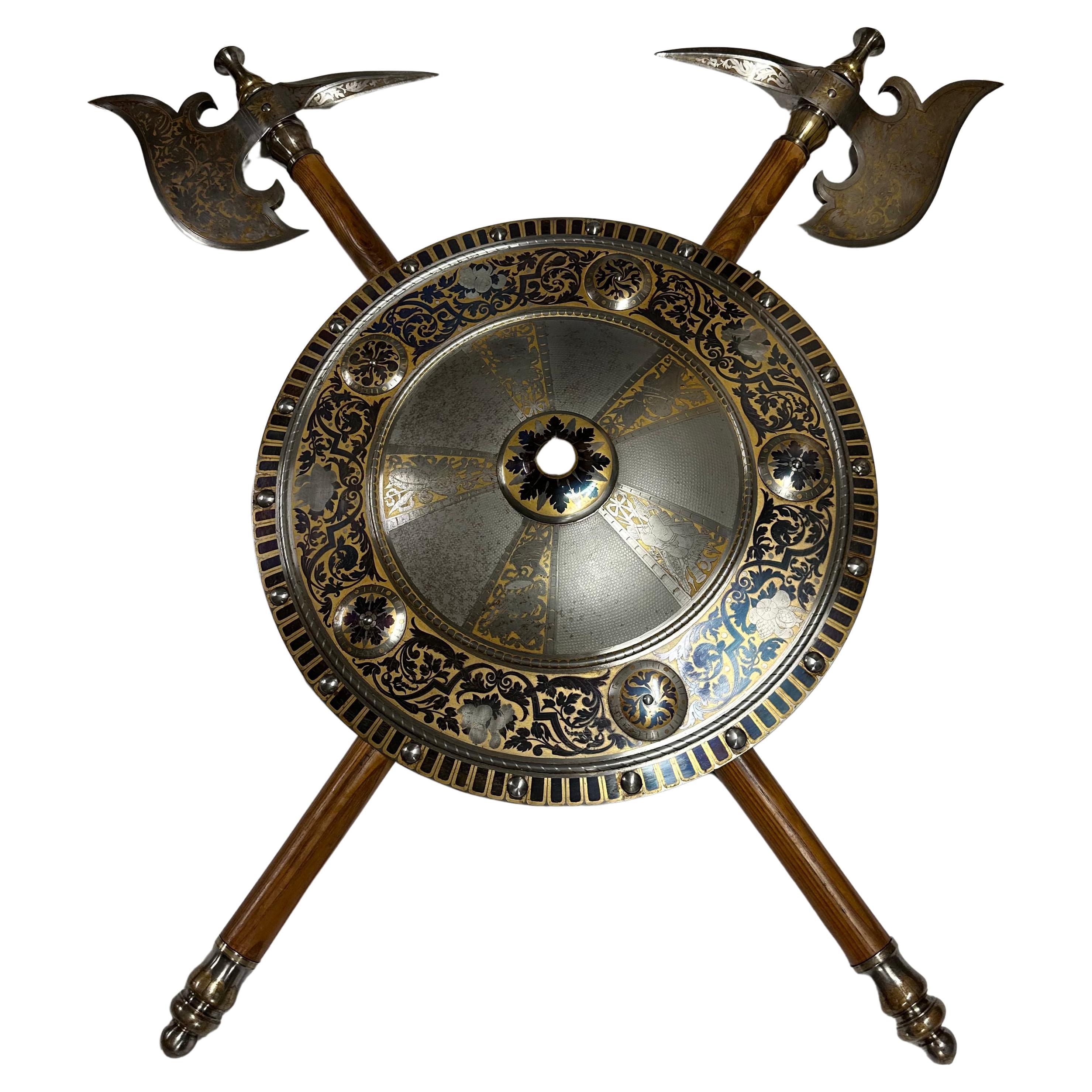 Shield and Pair of Axes, Gilt Steel, Late 19th C