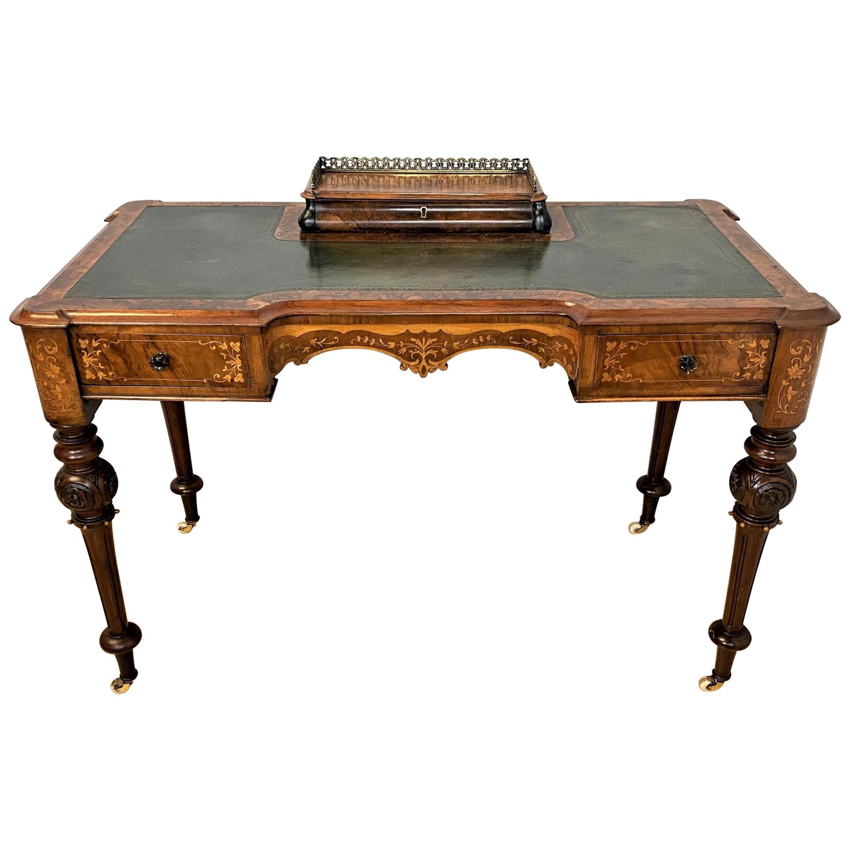 Shoolbred Labeled Victorian Walnut Writing Table with a Green Leather Top For Sale