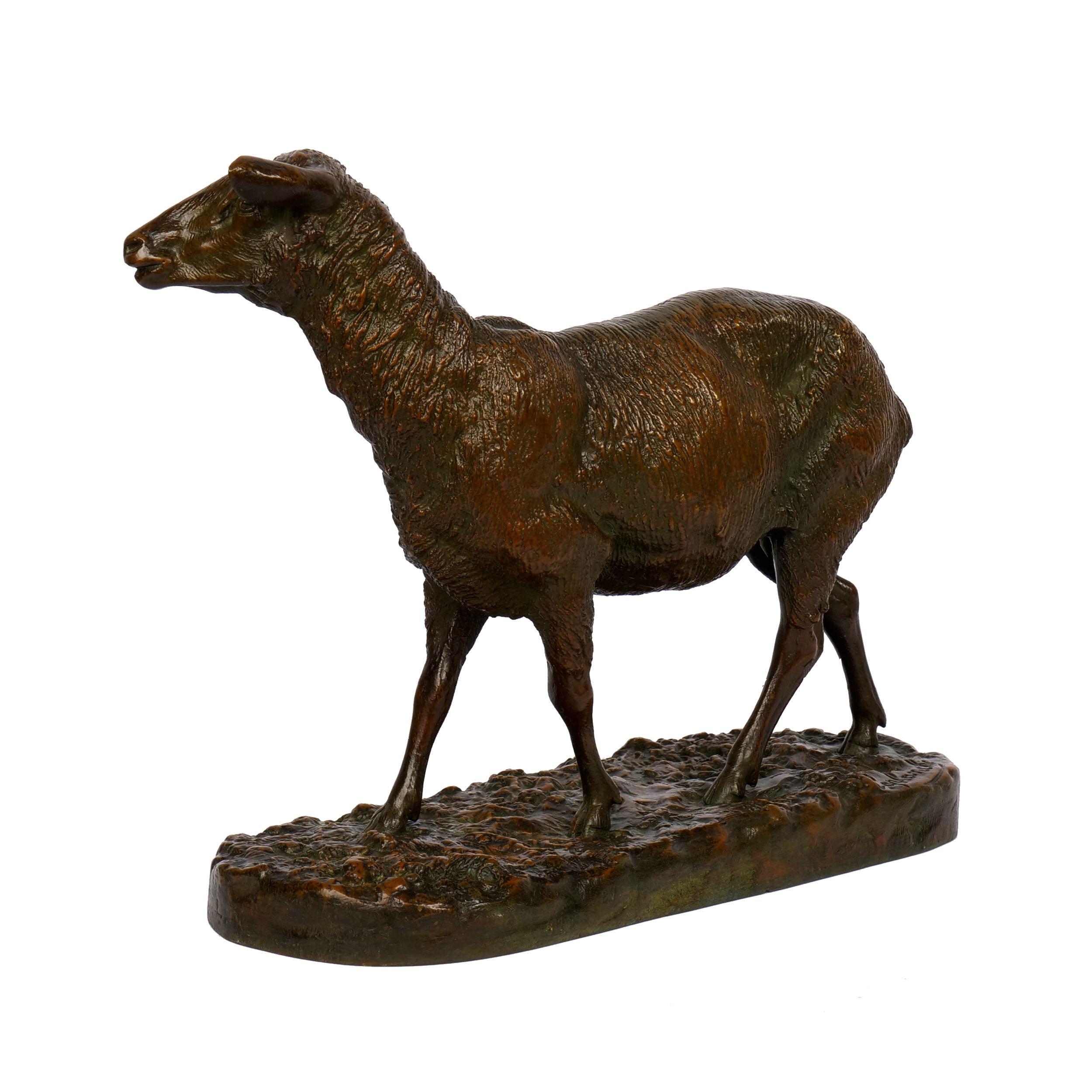 19th Century “A Shorn Lamb” French Antique Bronze Sculpture by Pierre-Albert Laplanche
