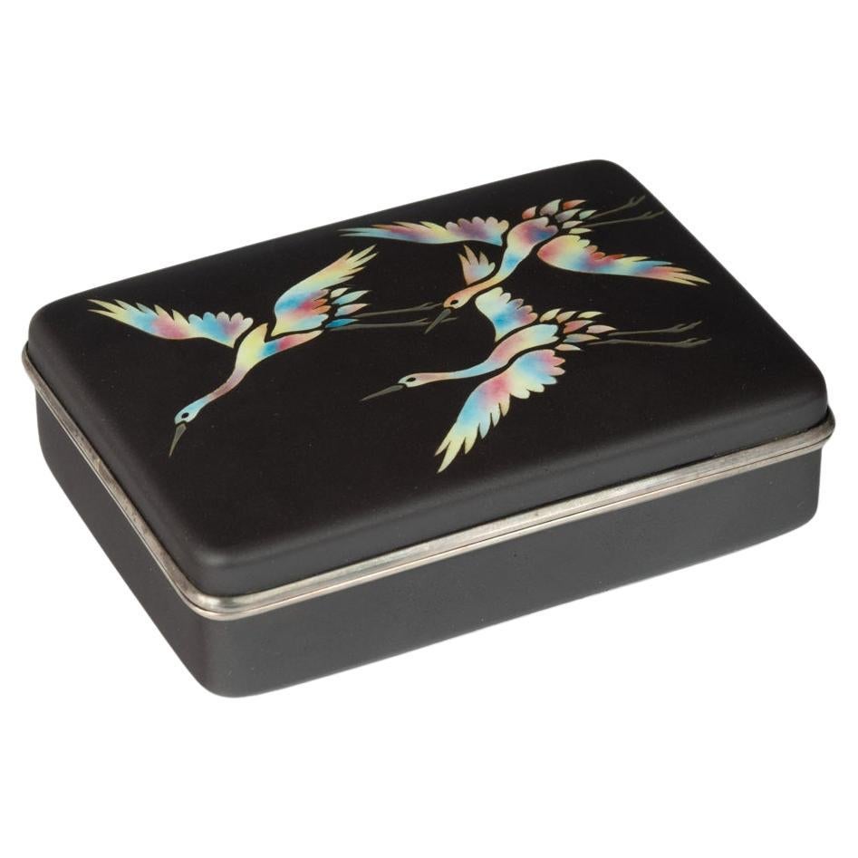 A Showa period cloisonné box with three cranes, Ando Company For Sale