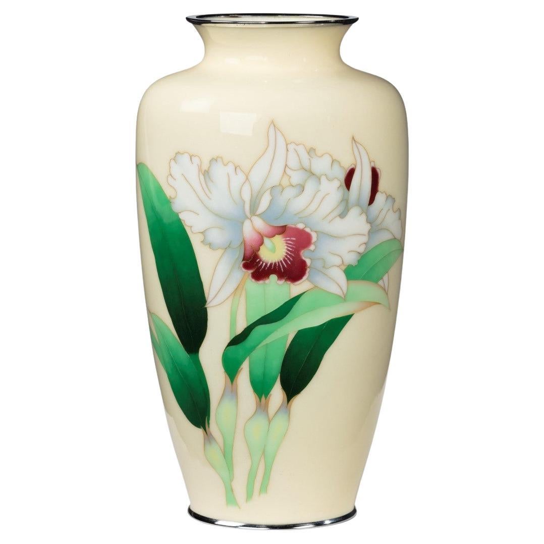 Showa Period Tall Cream Ground Cloisonne Vase For Sale