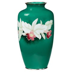 Showa Period Tall Deep Green Ground Cloisonne Vase