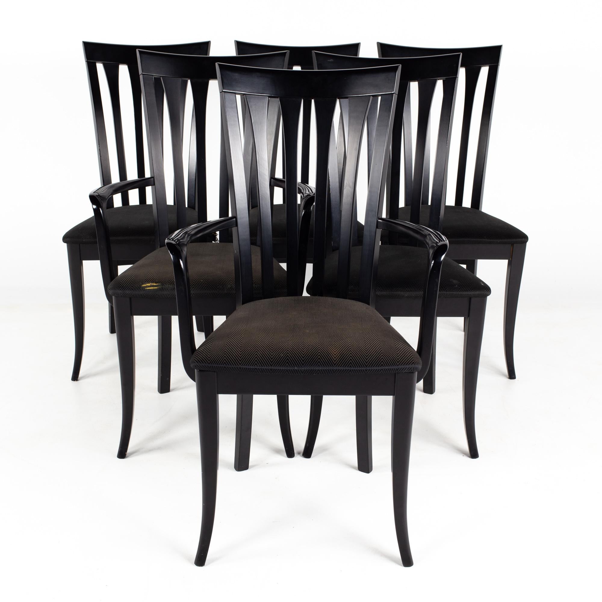 A Sibau Italian black high back dining chairs - Set of 6

Each chair measures: 18.5 wide x 20.5 deep x 38.5 inches high, with a seat height of 18 and arm height of 26.5 inches

About Photos: We take our photos in a controlled lighting studio to show