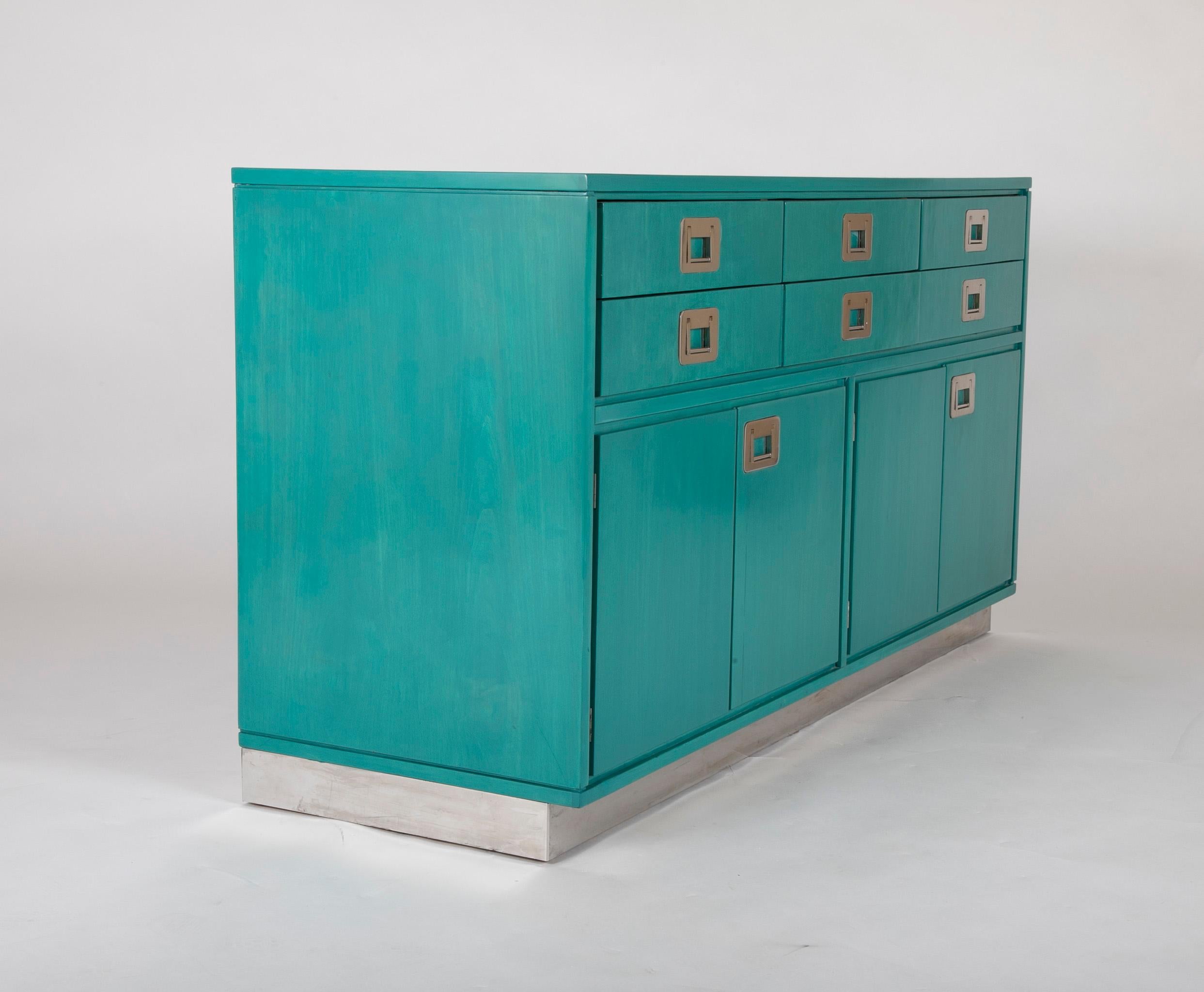 A stained wood sideboard with stainless steel hardware. Designed by Ico Parisi and produced by Spartaco Brugnoli, circa 1977.