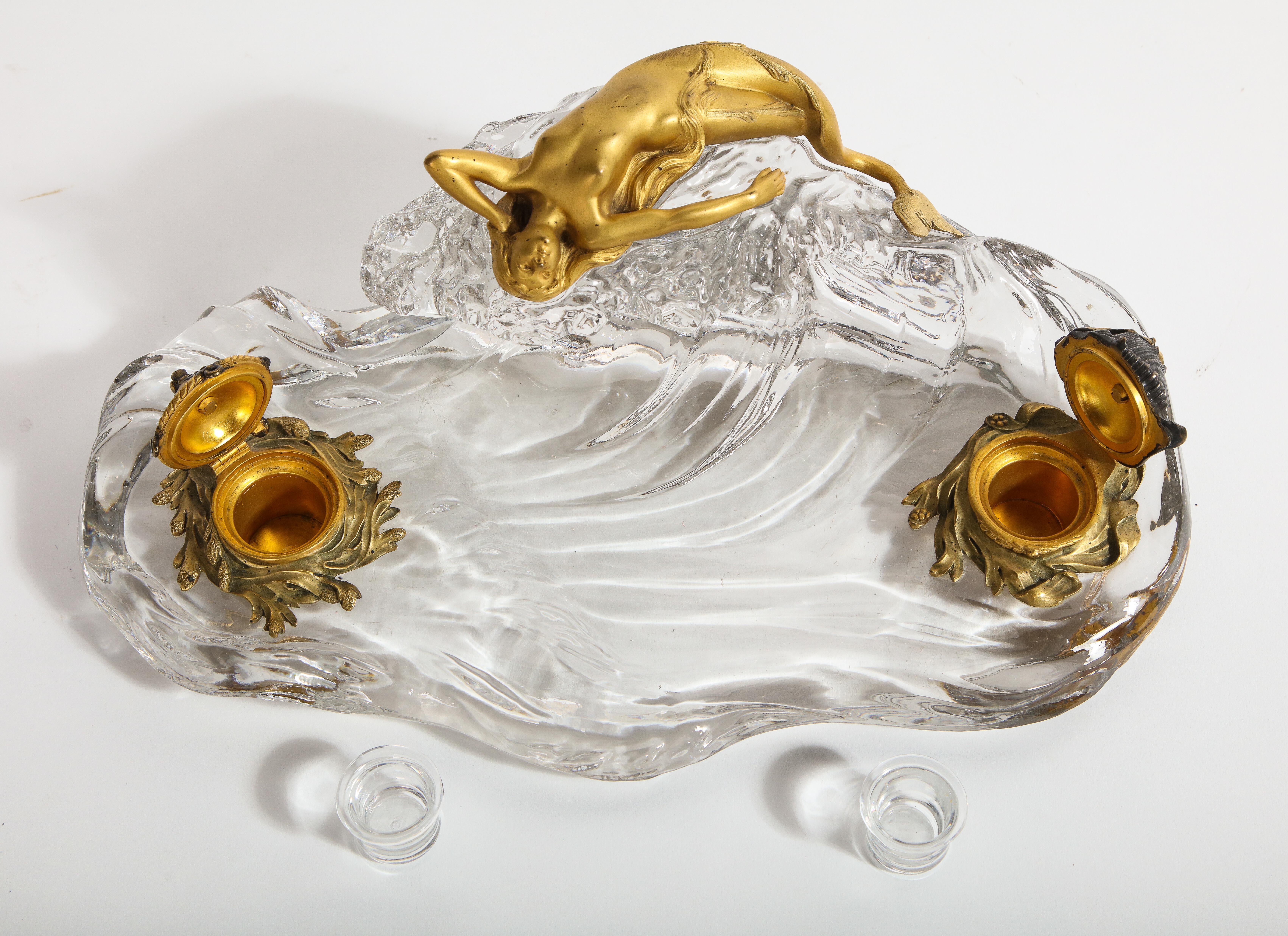 French Signed Baccarat Crystal Nautical Inkwell with a Dore Bronze Maiden For Sale