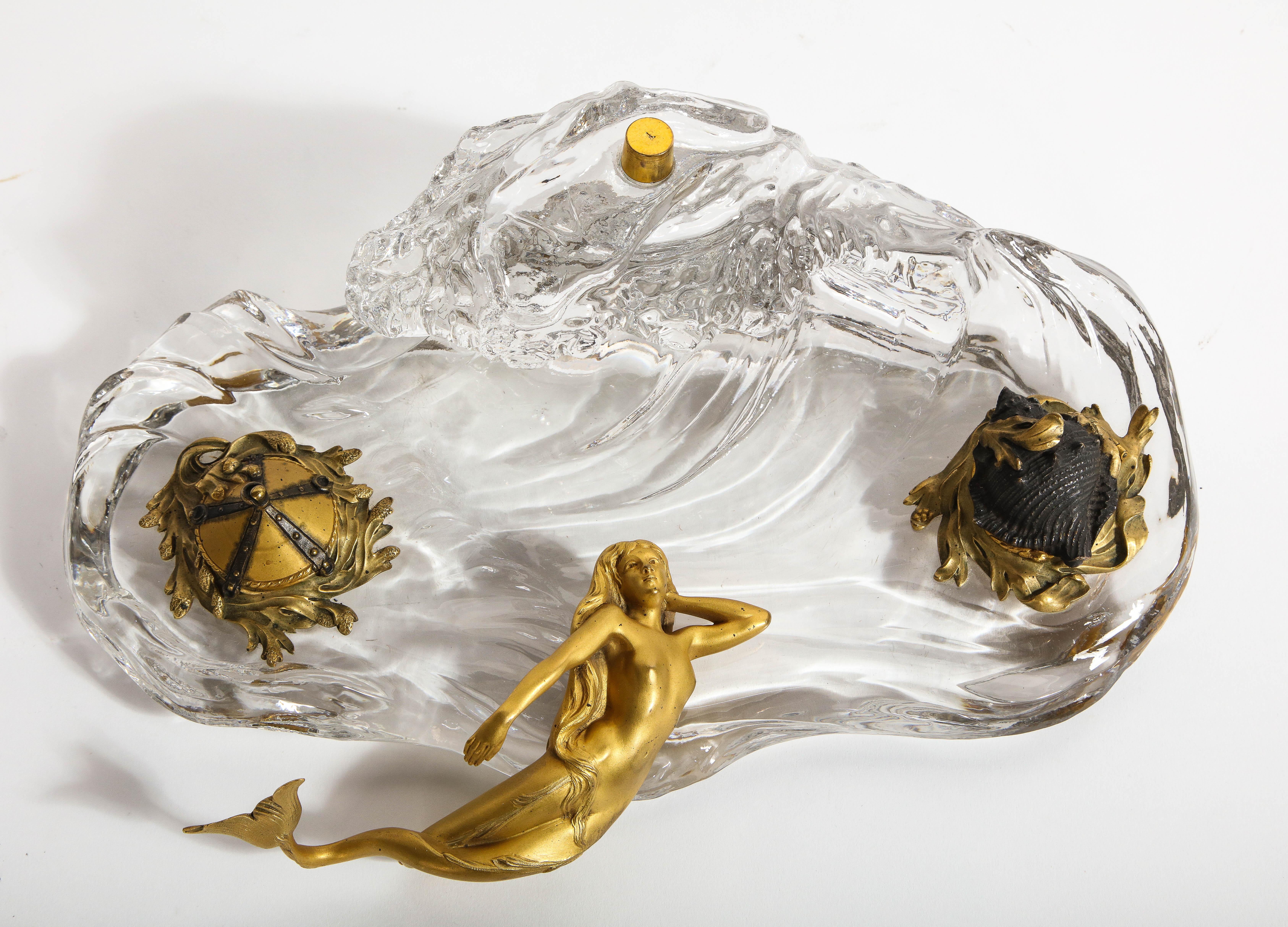 Hand-Carved Signed Baccarat Crystal Nautical Inkwell with a Dore Bronze Maiden For Sale