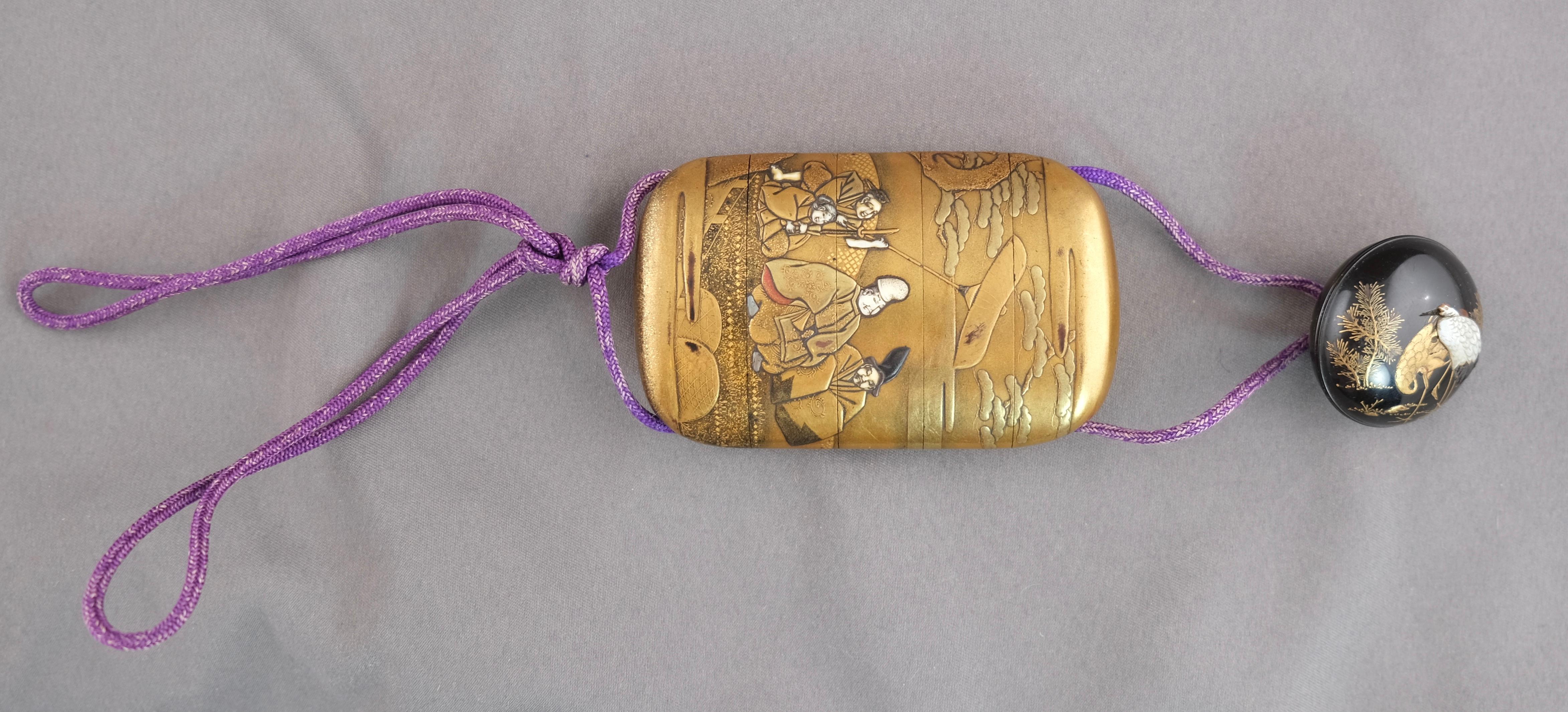 Signed Japanese Inro with a Signed Round Lacquer Netsuke 8