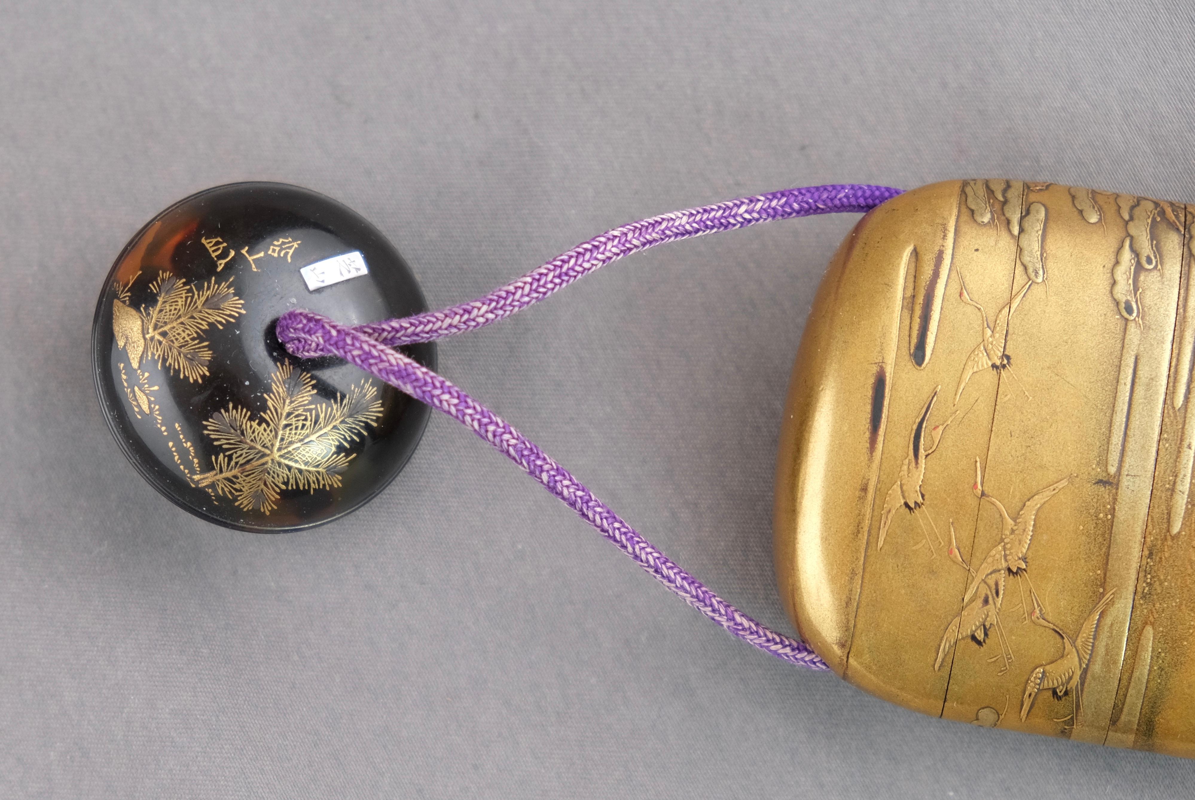 19th Century Signed Japanese Inro with a Signed Round Lacquer Netsuke