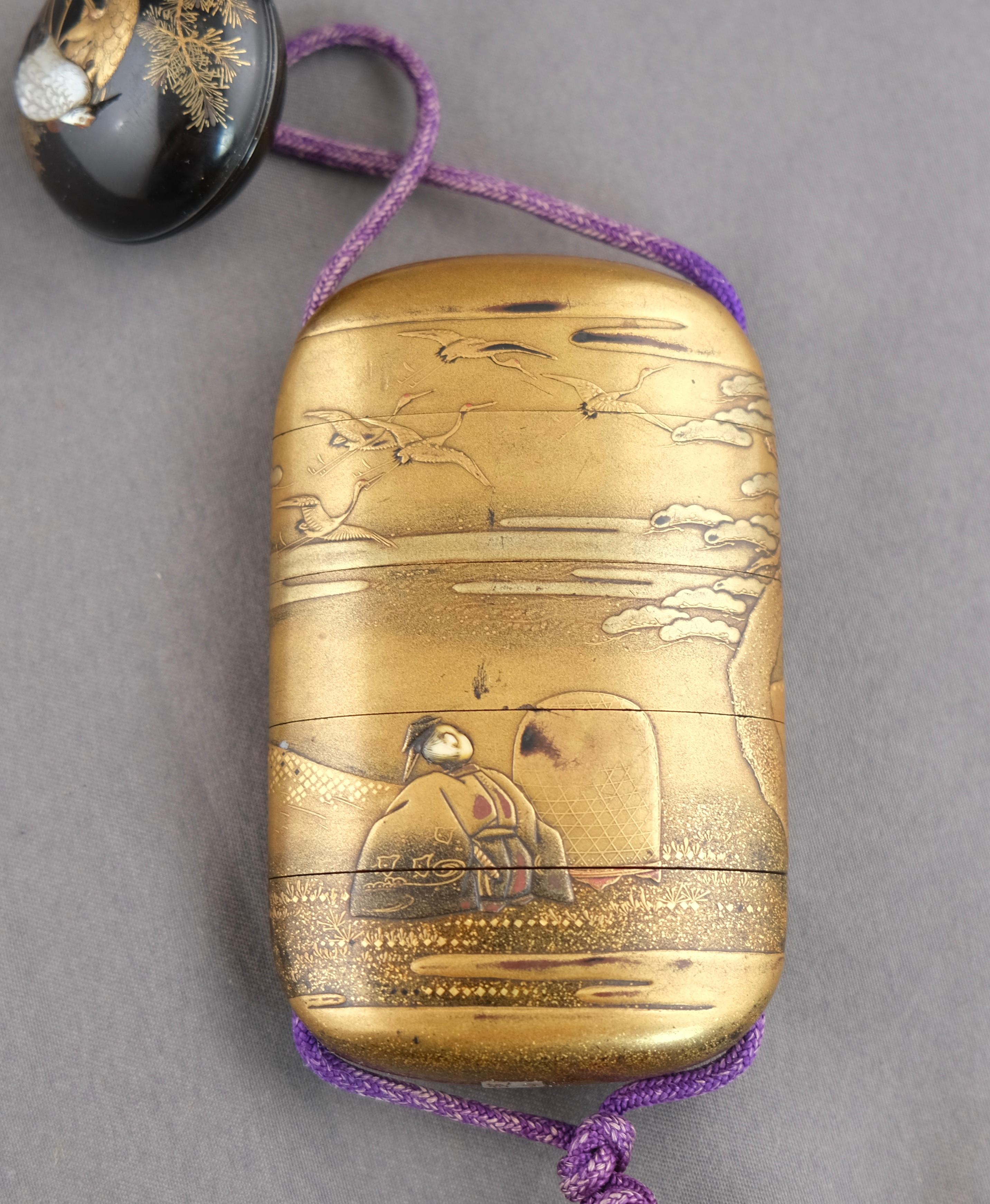 Signed Japanese Inro with a Signed Round Lacquer Netsuke 3