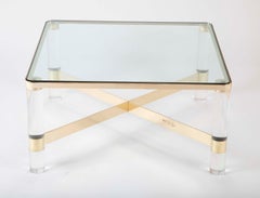 Signed Karl Springer Lucite and Brass Coffee Table with Glass Top
