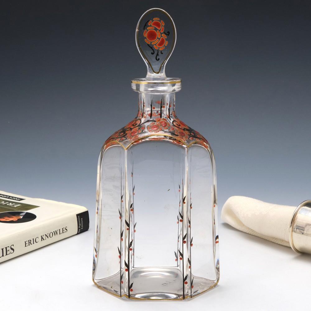 A Signed Marcel Goupy Enamelled Perfume Bottle, c1925

Additional Information:
Heading : A Marcel Goupy enamelled perfume or eau de toilette
Date : 1925
Origin : Paris, France
Colour : Clear 
Stopper : Lozenge type
Neck : Short and waisted
Body :