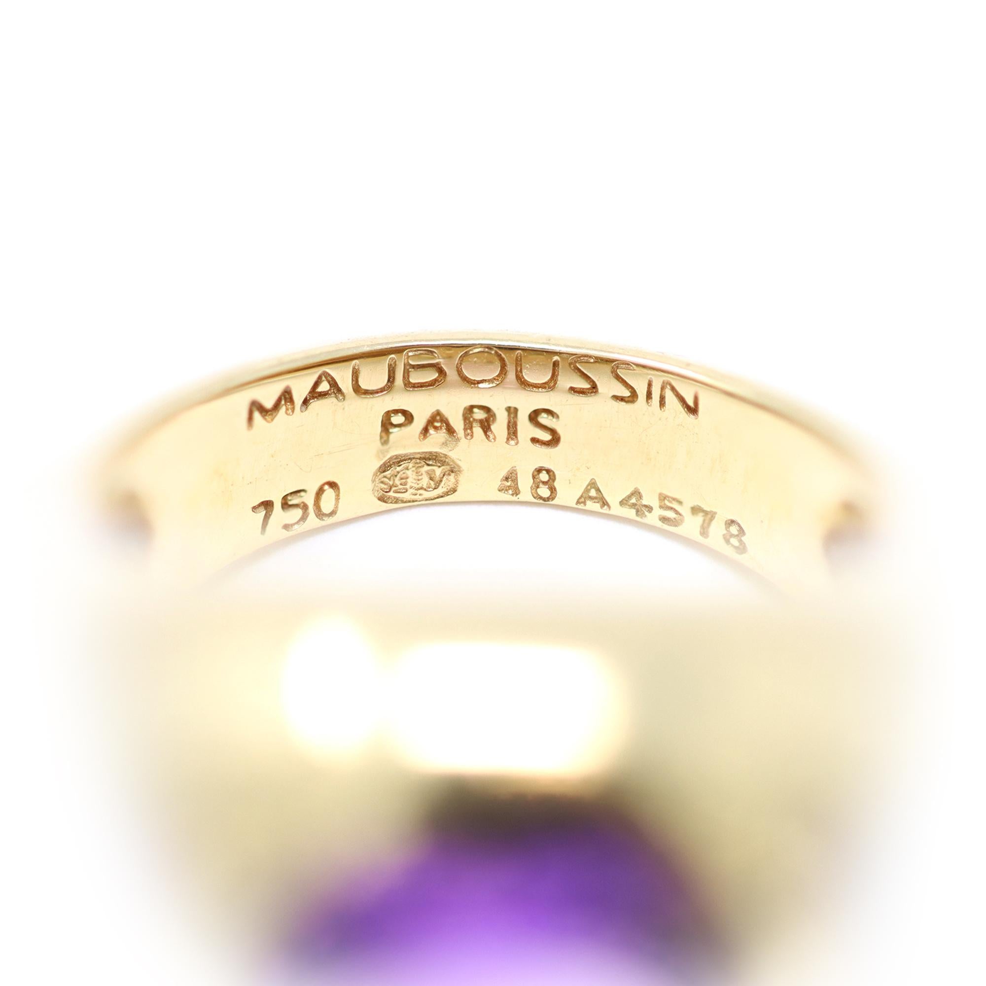 Modern Signed Mauboussin Amethyst and Mother of Pearl Ring in 18 Karat Yellow Gold