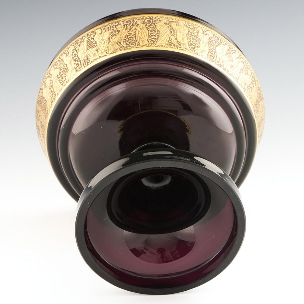 Czech Signed Moser Amethyst Footed Bowl with Oroplastique Decorative Frieze, c1920 For Sale