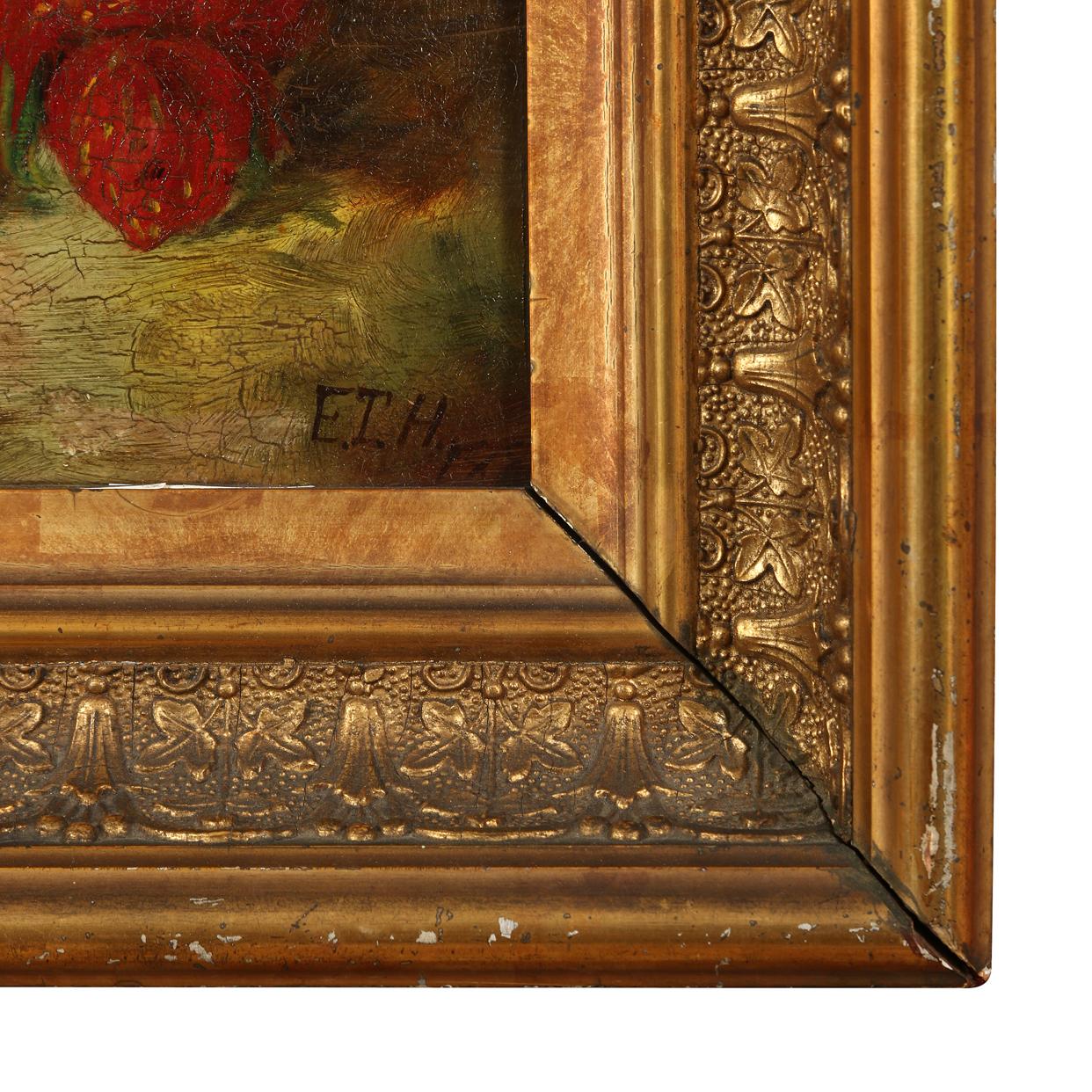 This oll painting of atrawberries captures the timeless beauty of a classic still life. Meticulously detailed, the rich reds of the strawberries stand out against their natural backdrop, evoking a sense of freshness and The painting is beautifully