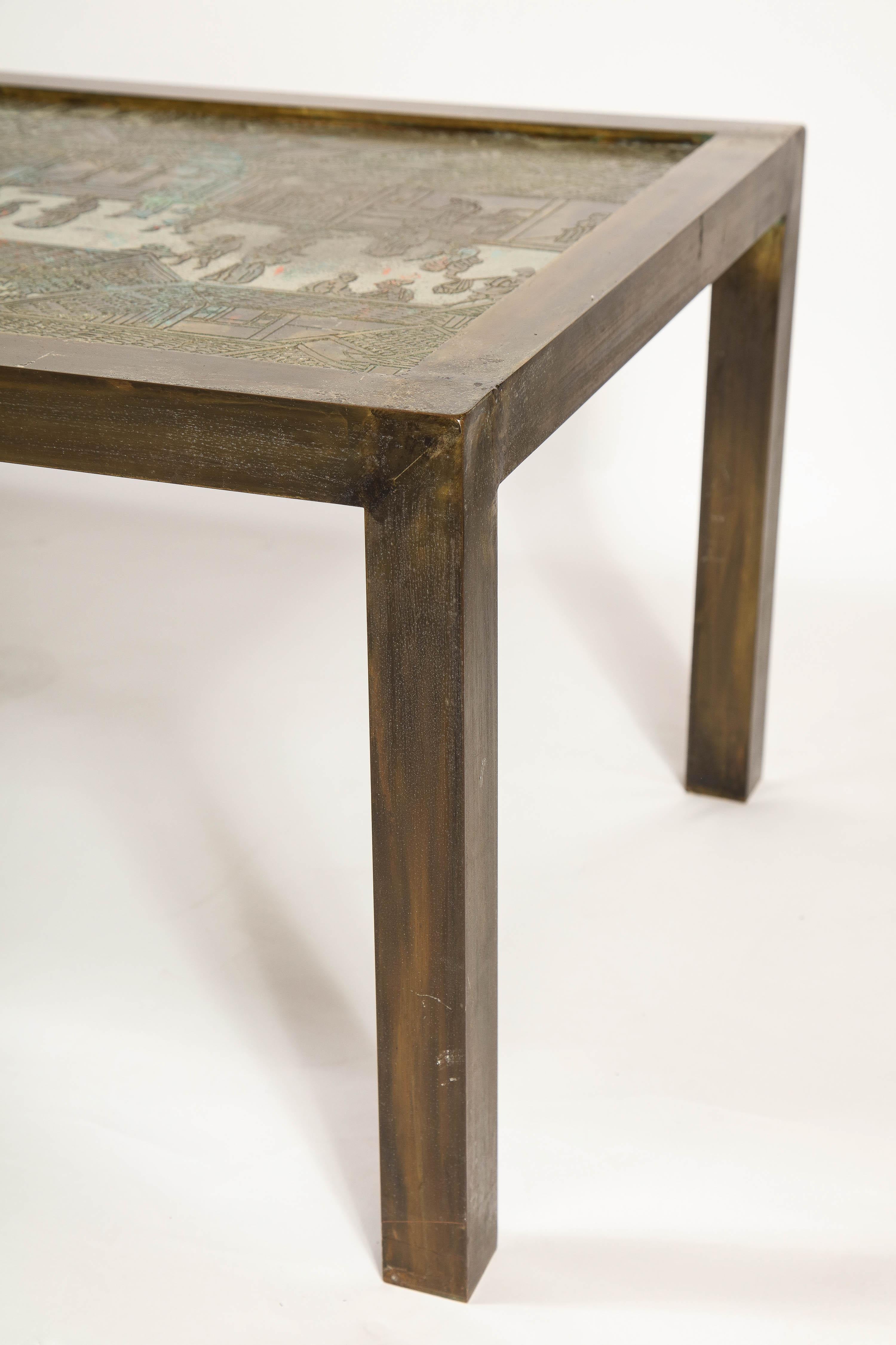 Signed Philip and Kelvin LaVerne Large Size Chinoiserie Table in Etched Bronze 7