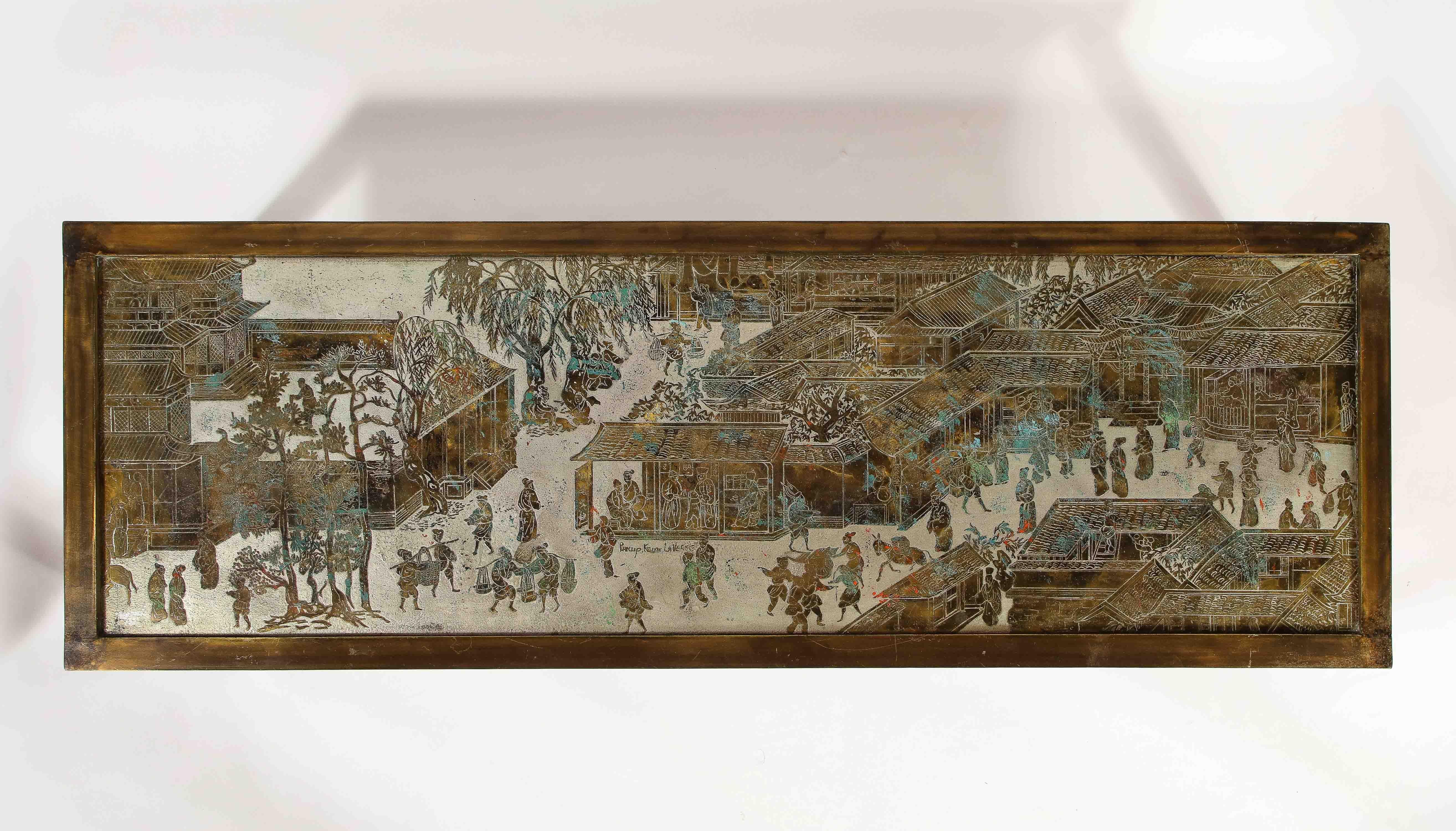 Mid-Century Modern Signed Philip and Kelvin LaVerne Large Size Chinoiserie Table in Etched Bronze